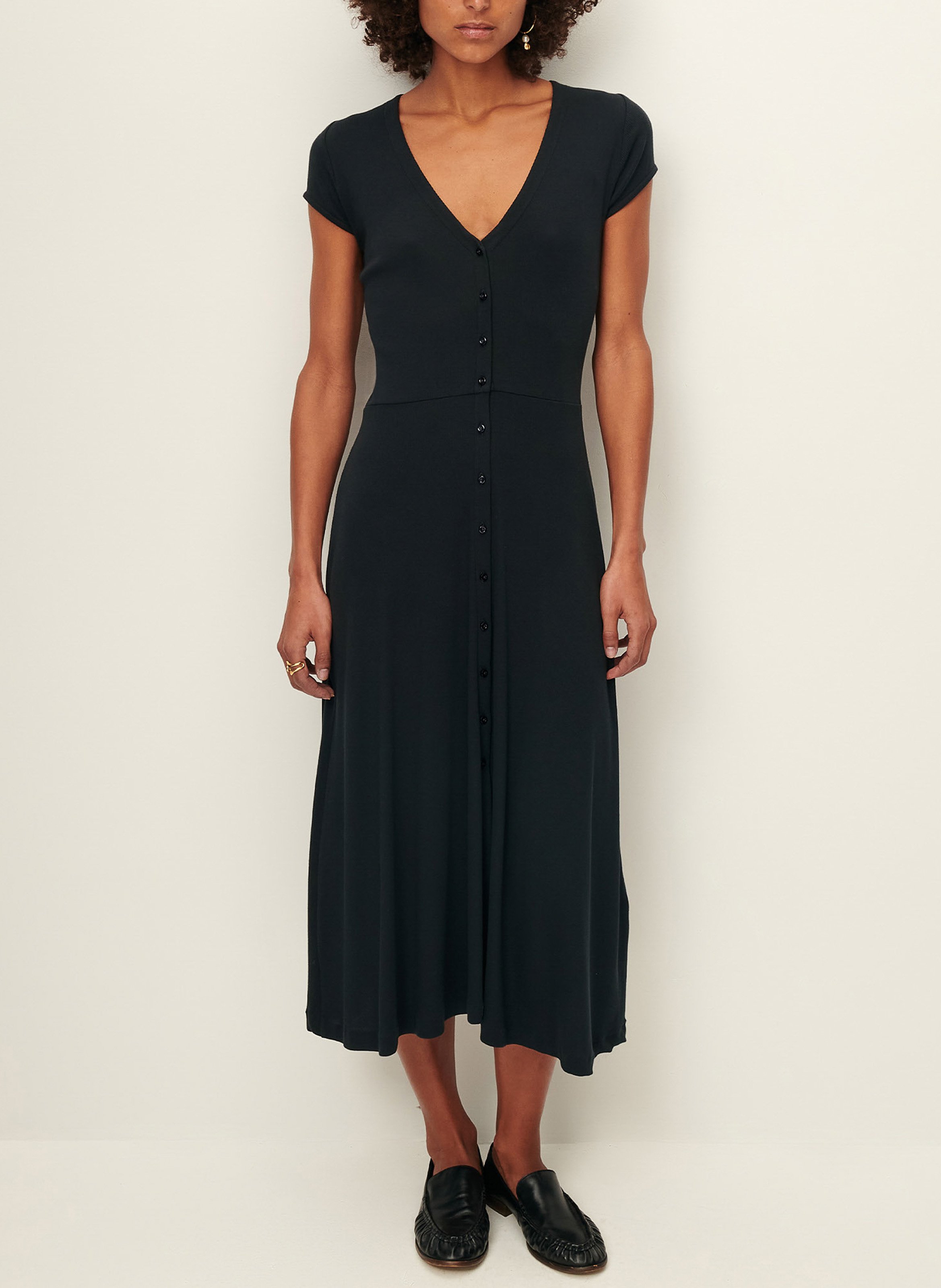 Robe midi droite encolure v en coton bio mélangé nea SESSUN Noir