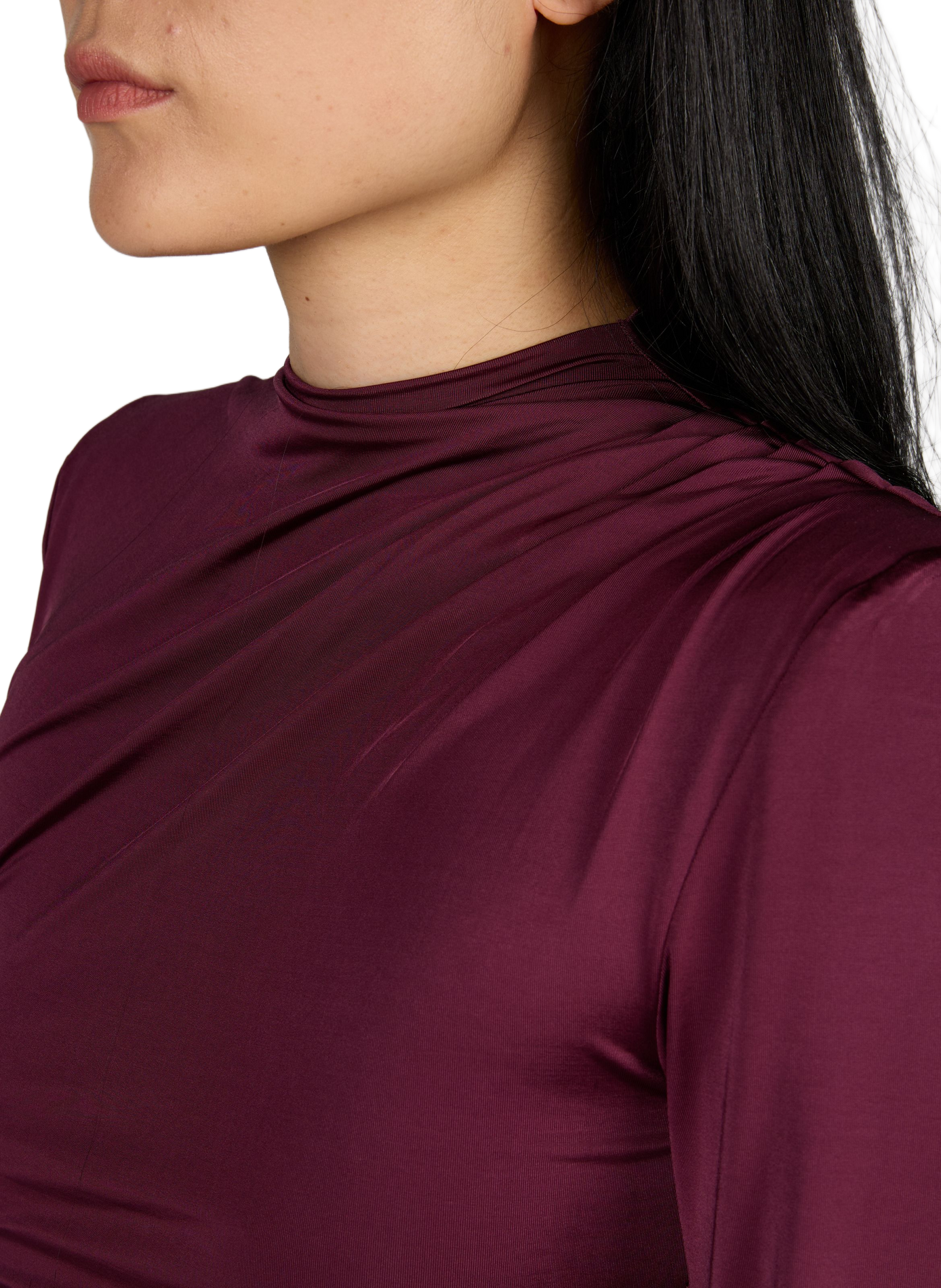 Ruched Long Sleeve Dress with Asymmetrical Collar ROTATE Red