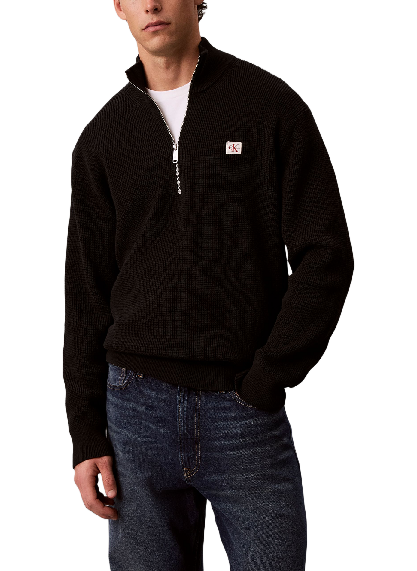 Straight cotton sweater with zip collar CALVIN KLEIN Black