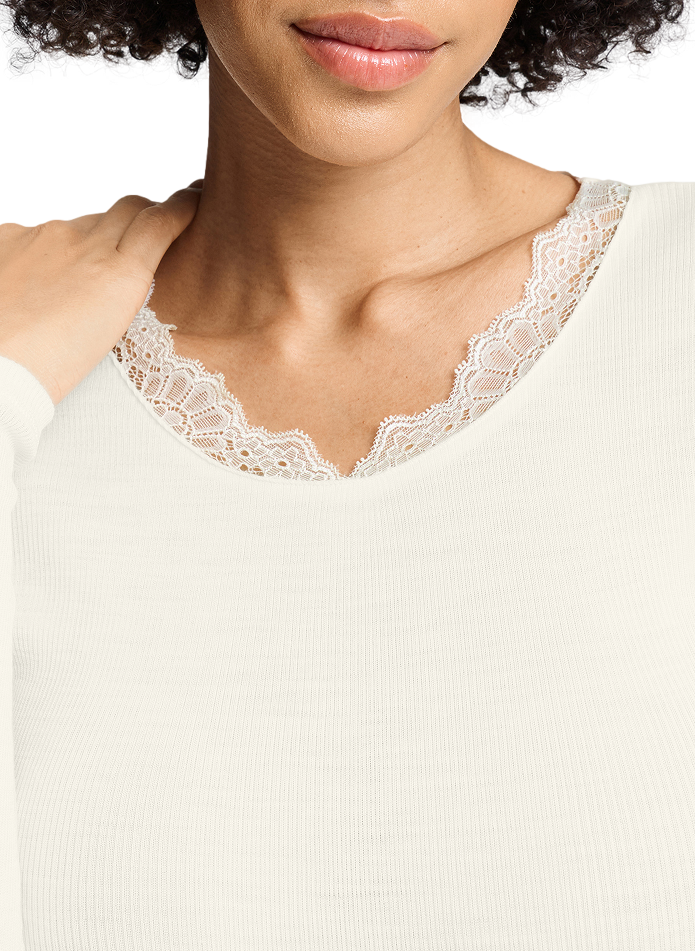 Fitted crew-neck T-shirt in wool and silk lace HANRO White