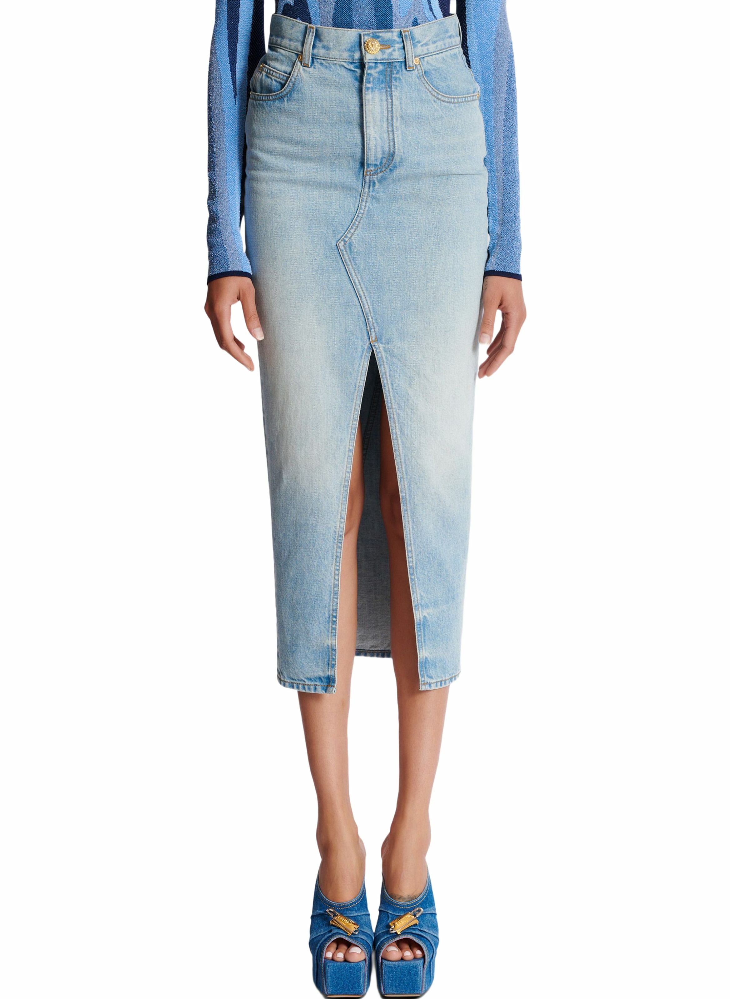 Jupe midi en denim BALMAIN Bleu