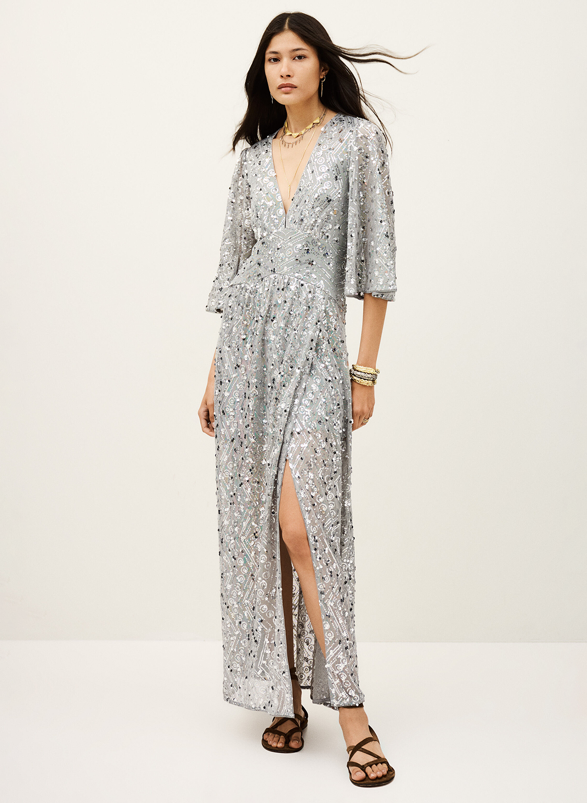 Robe longue col v à sequins conny BA&SH Argent