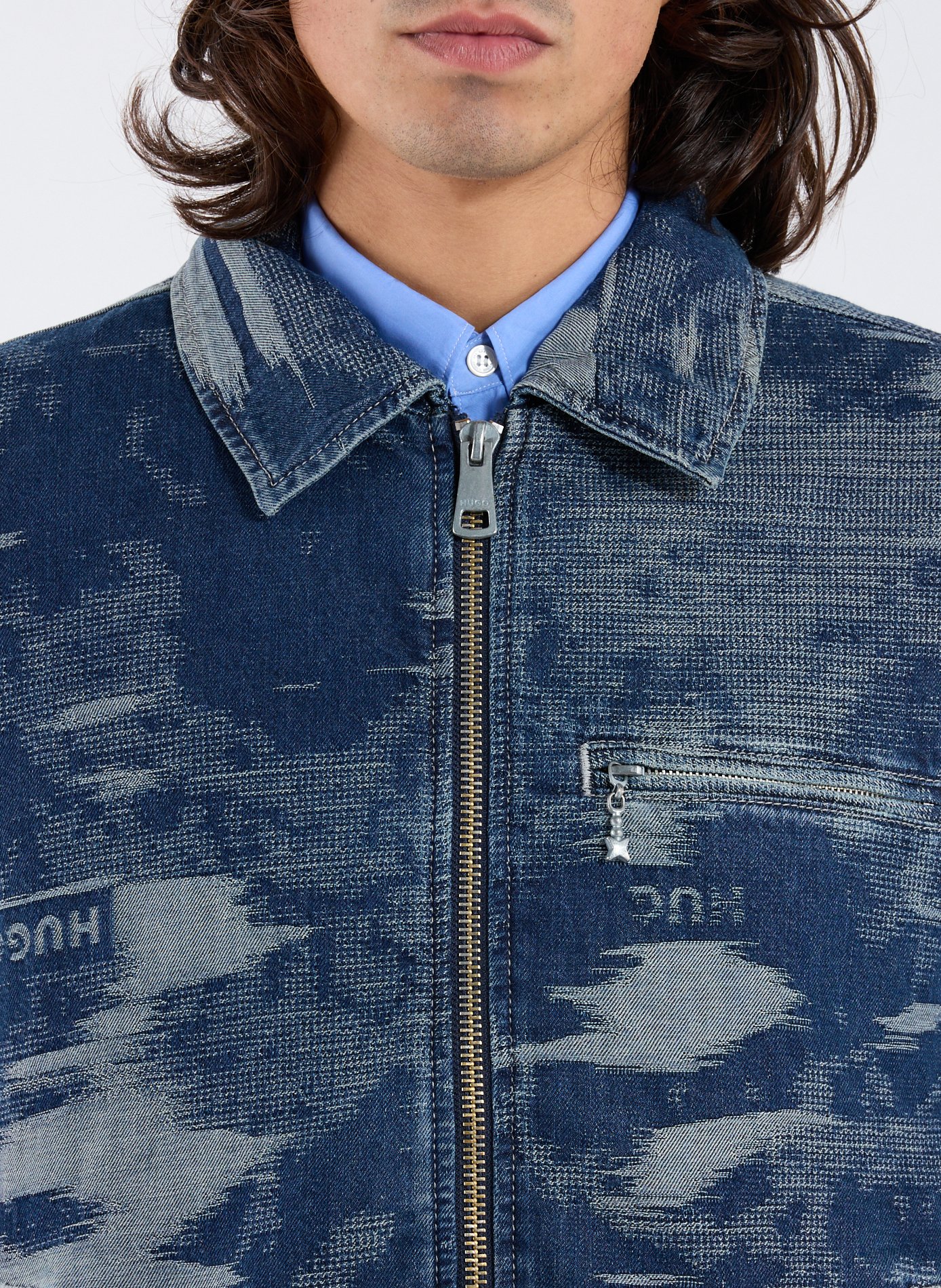 Oversized cotton denim jacquard jacket HUGO BLUE Blue
