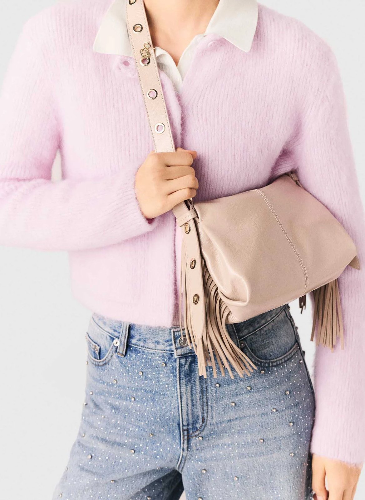 Sac bandoulière à franges en cuir miss m mini MAJE Beige