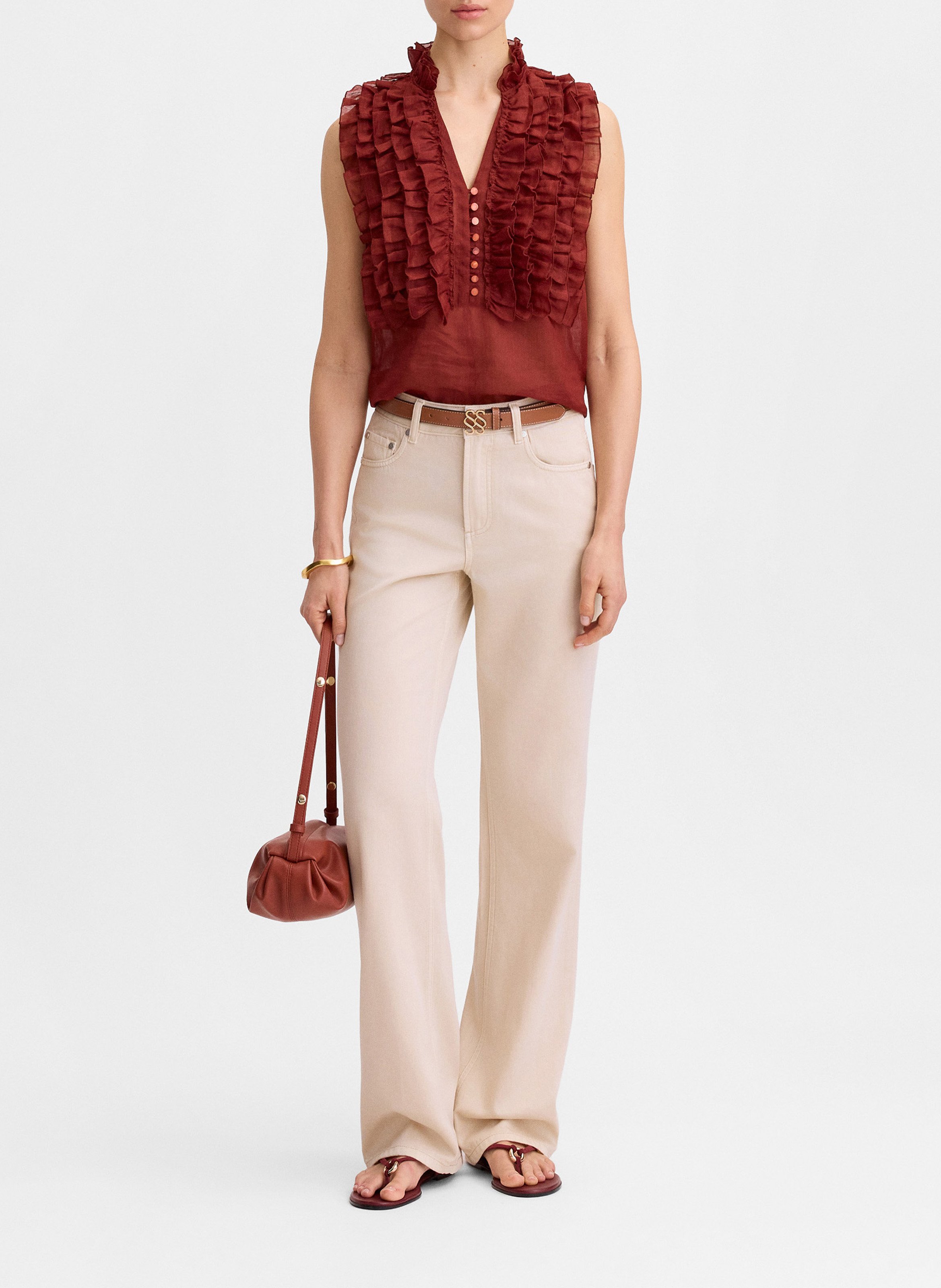 Top droit col v en lin jofre SIMORRA Marron