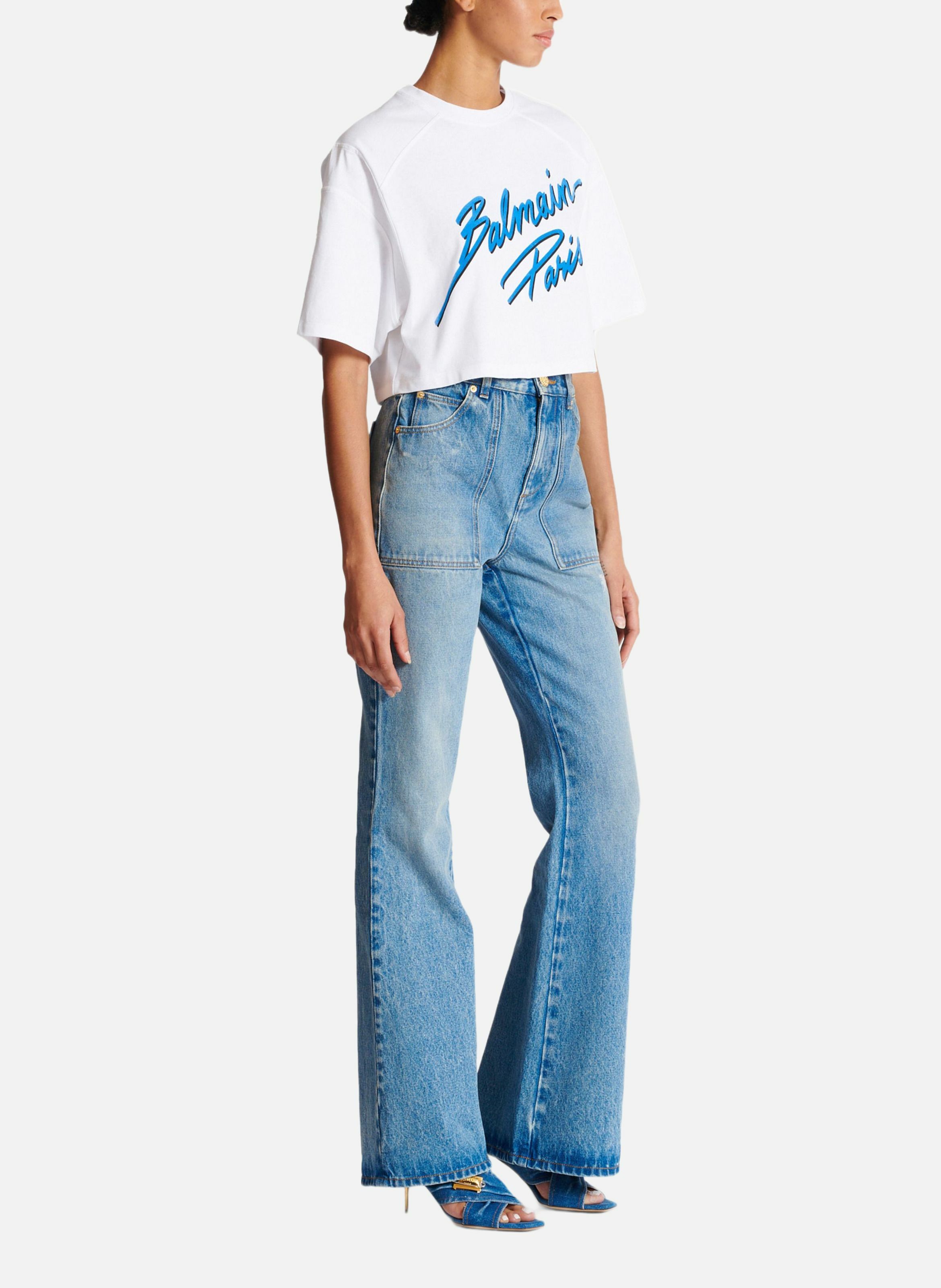 T-shirt court floqué balmain lettre Blanc