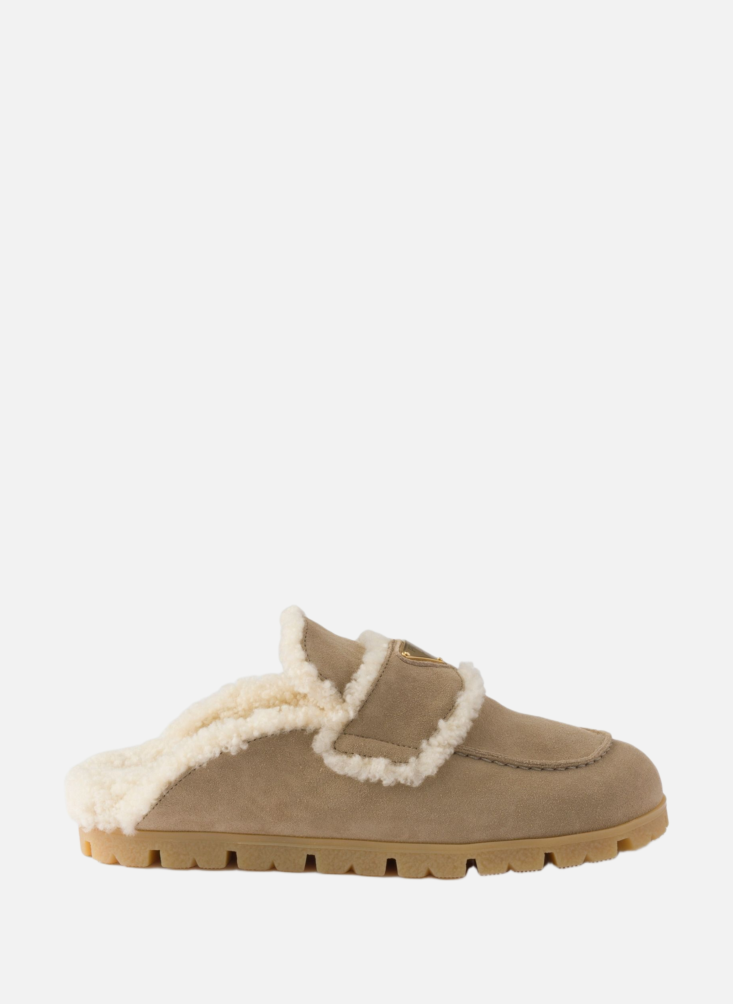 Mules en veau velours et peau de mouton PRADA Beige