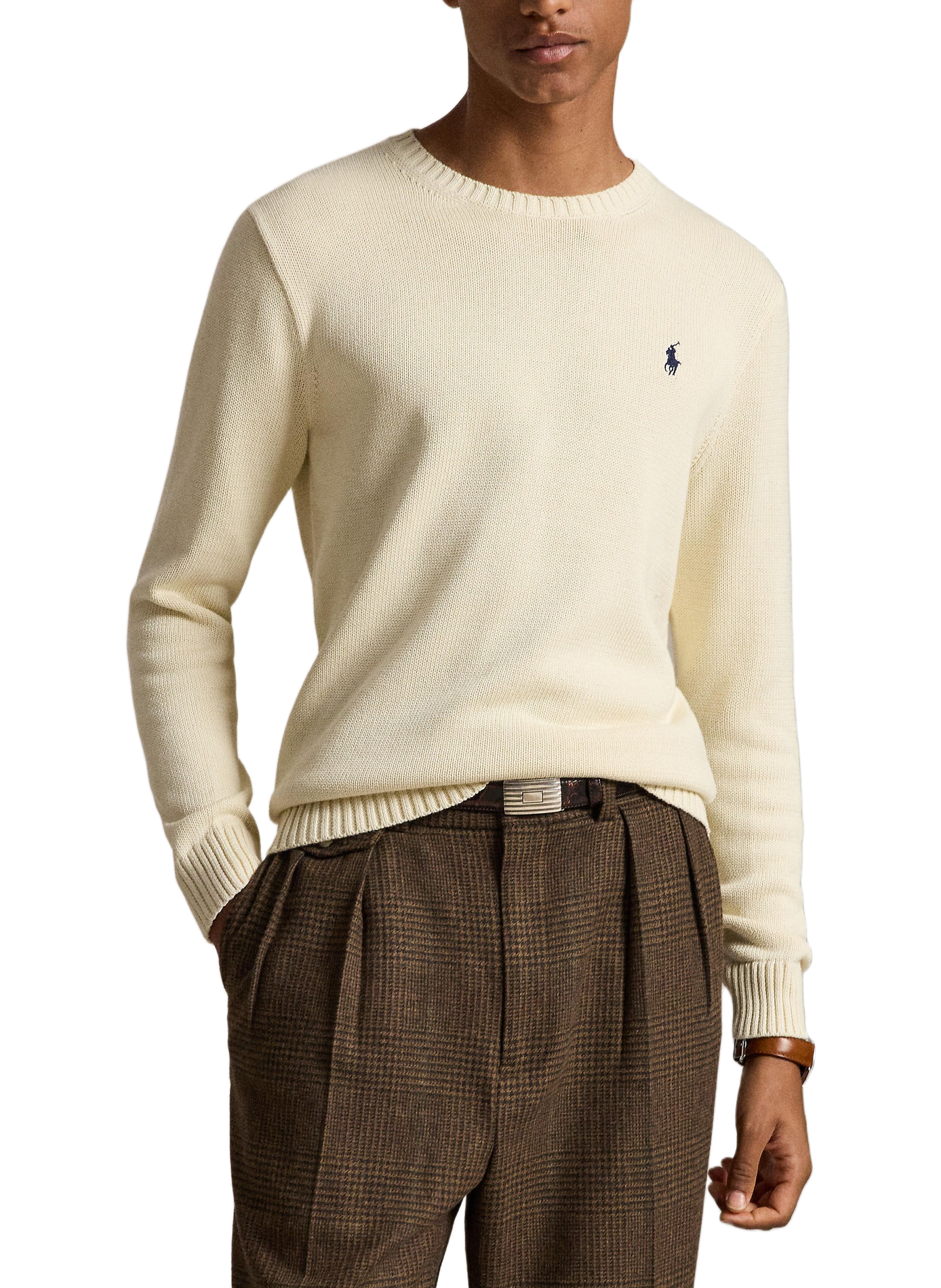 Pull côtelé à col rond en coton POLO RALPH LAUREN Beige