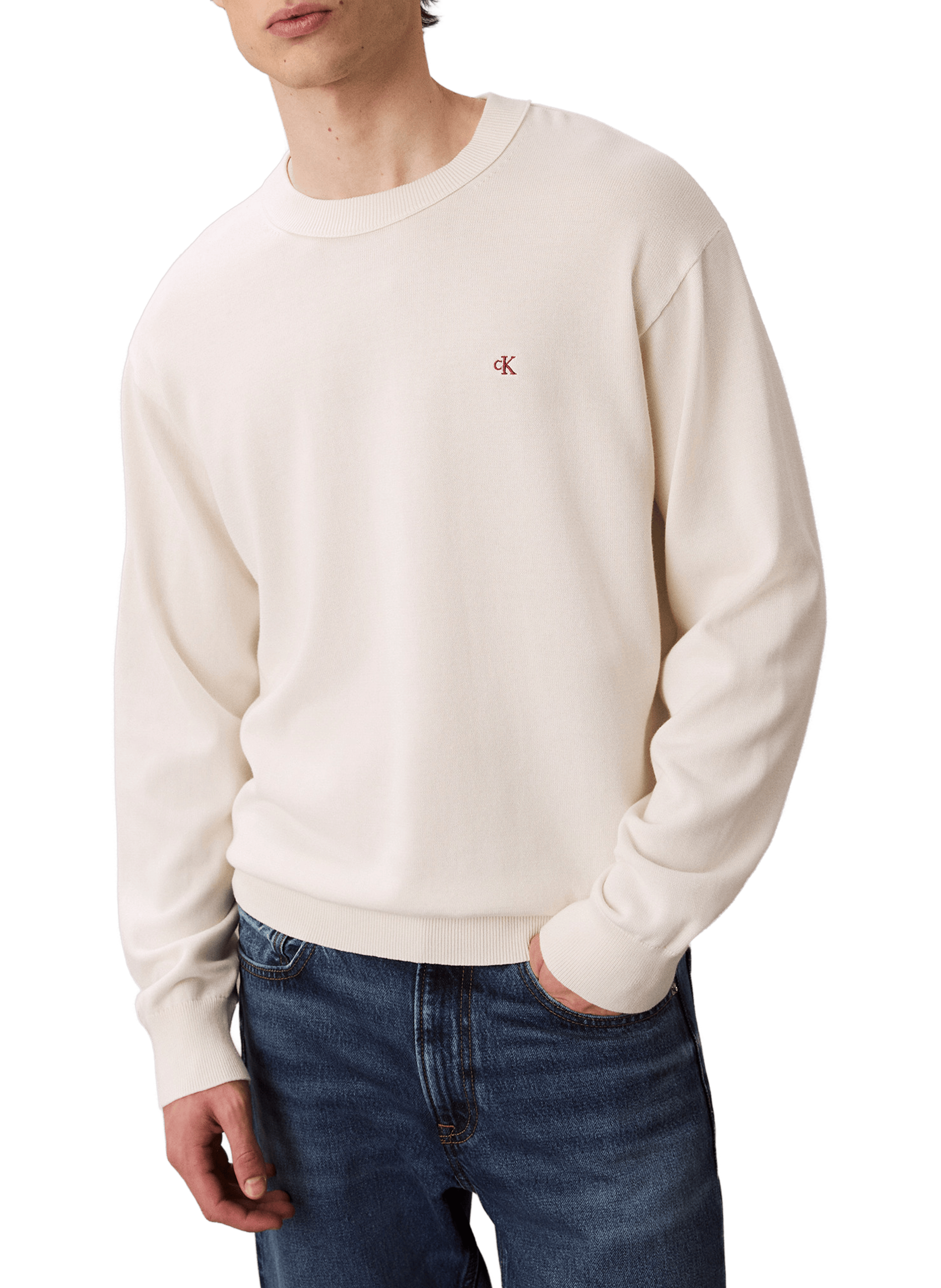 CALVIN KLEIN Straight round neck cotton sweater Beige