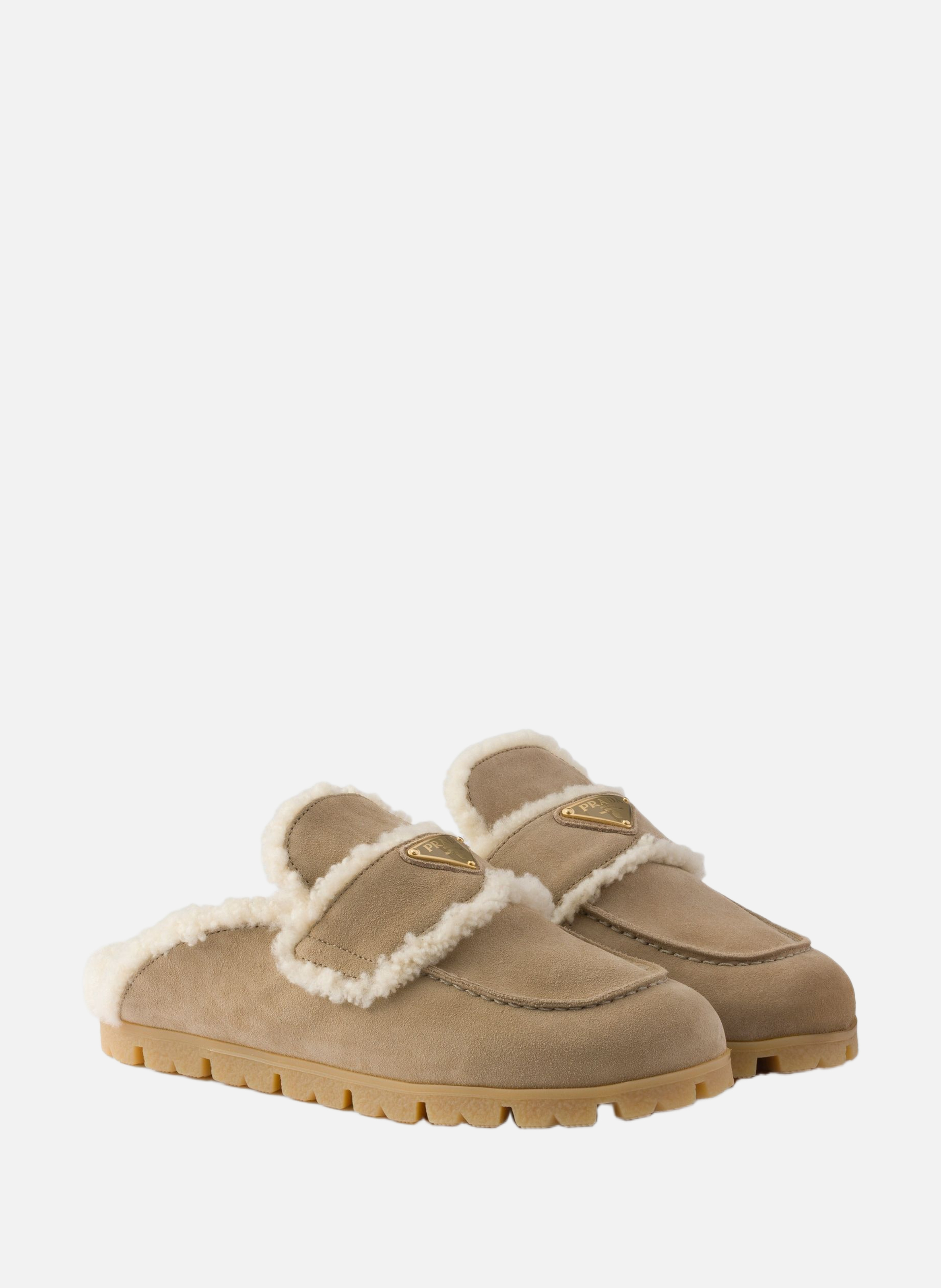 Mules en veau velours et peau de mouton PRADA Beige