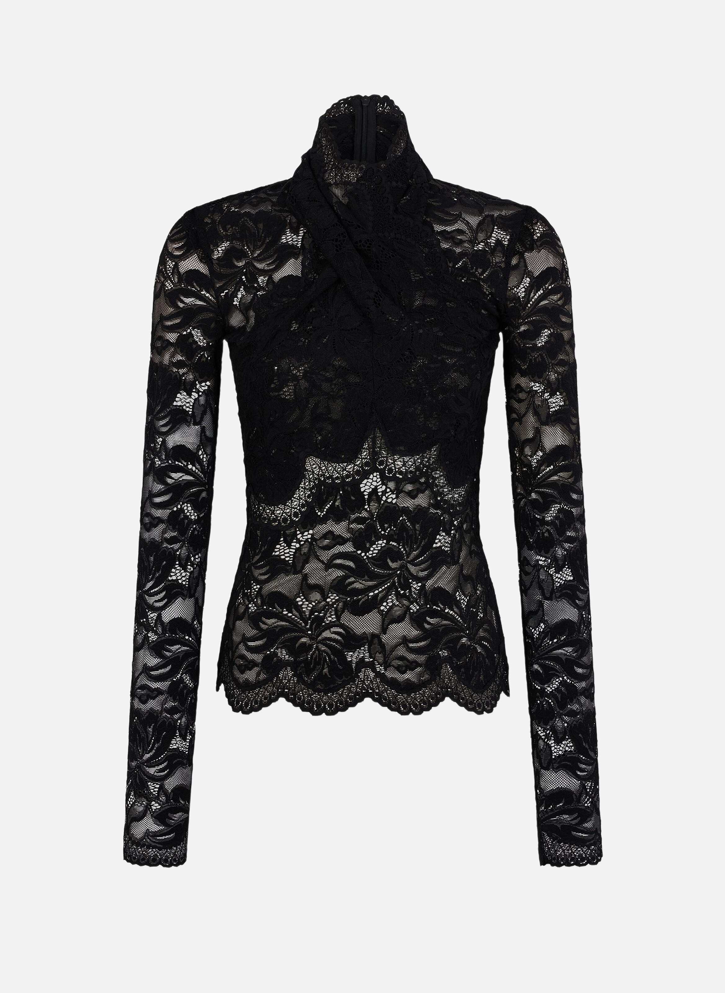 Top manches longues en dentelle col montant RABANNE Noir