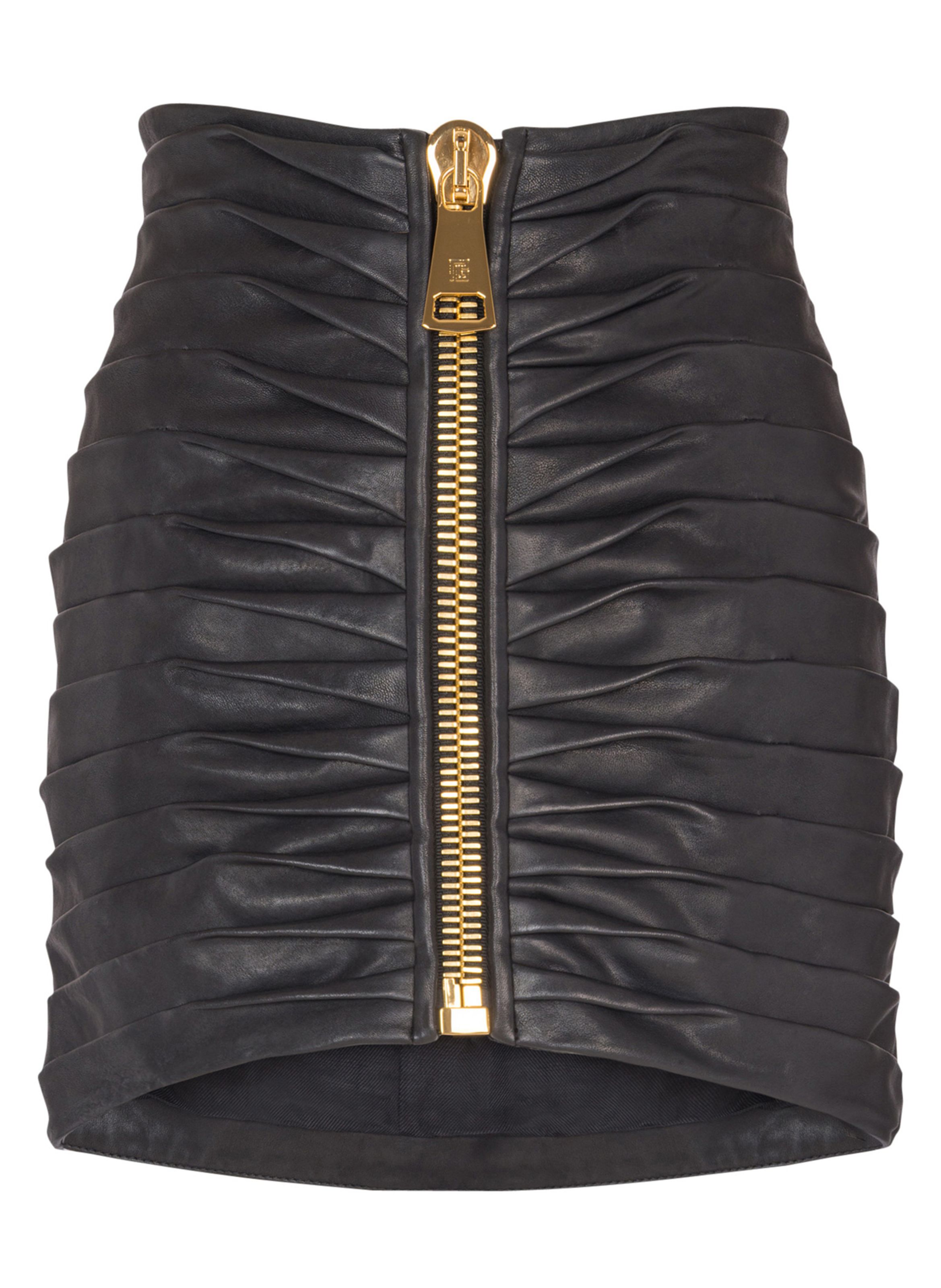 Jupe courte plissée en cuir d'agneau BALMAIN Noir