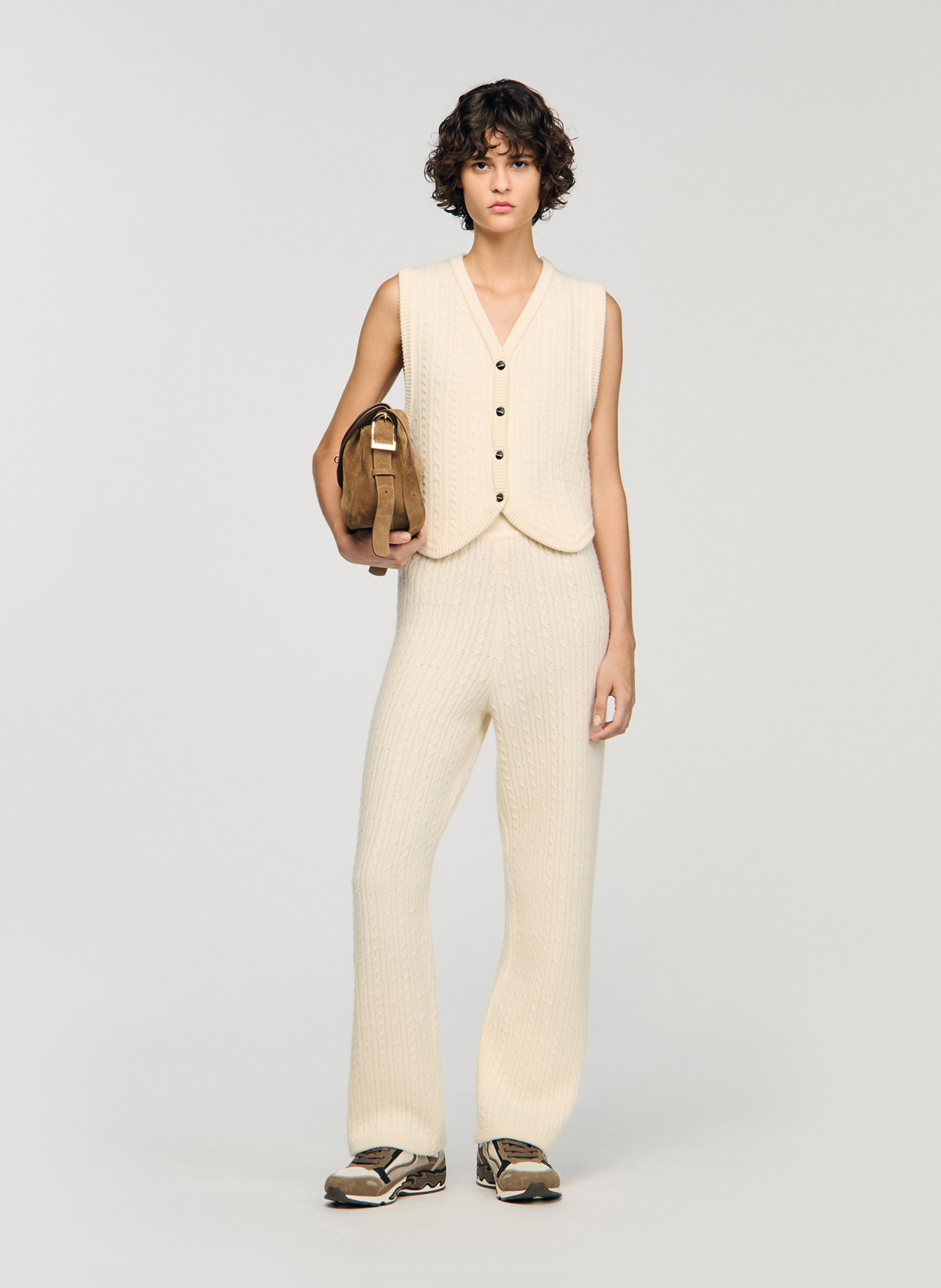 Gilet col v sans manches en laine mélangée SANDRO Beige