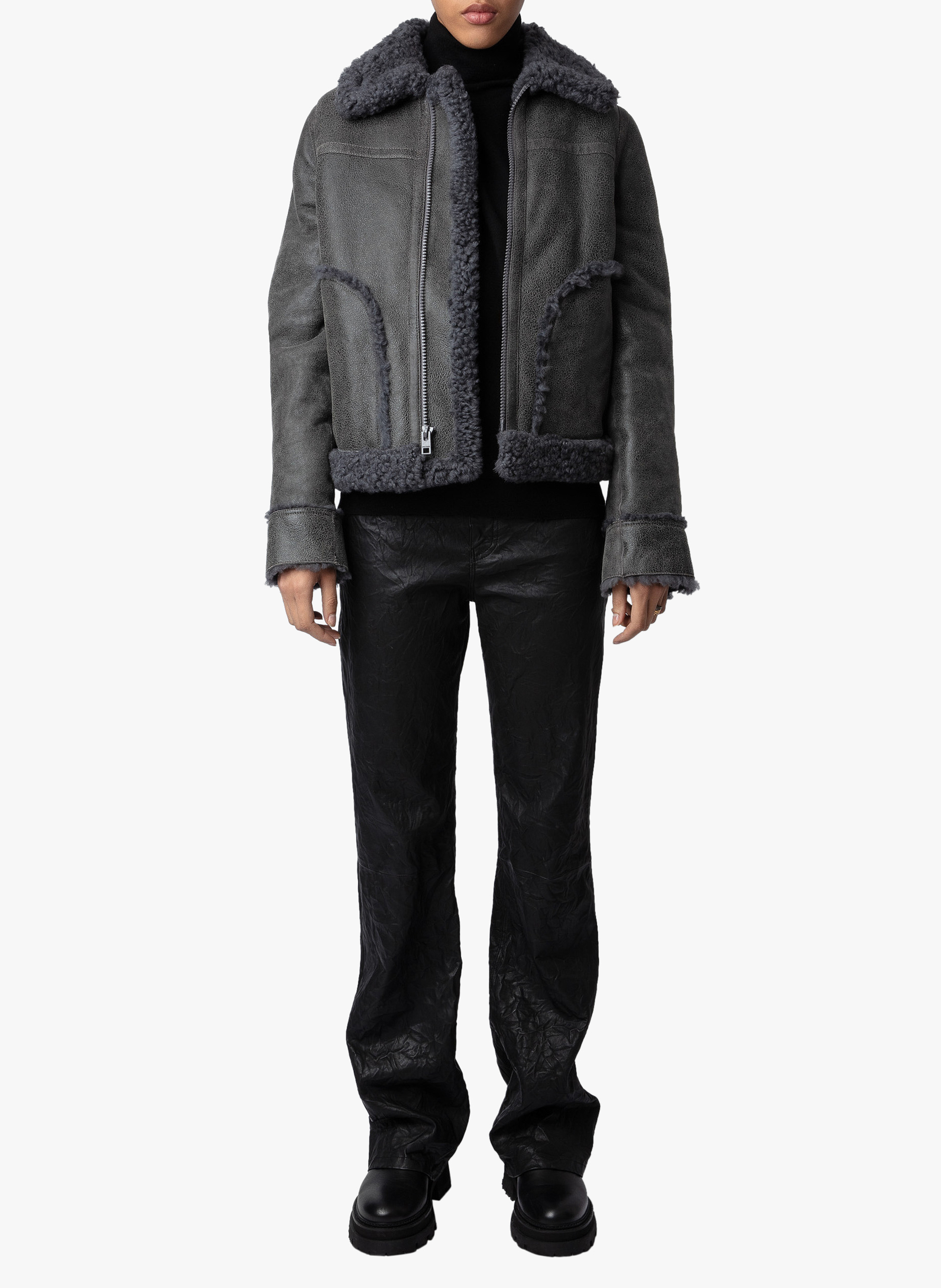 Blouson aviateur en cuir vieilli kady ZADIG&VOLTAIRE Gris