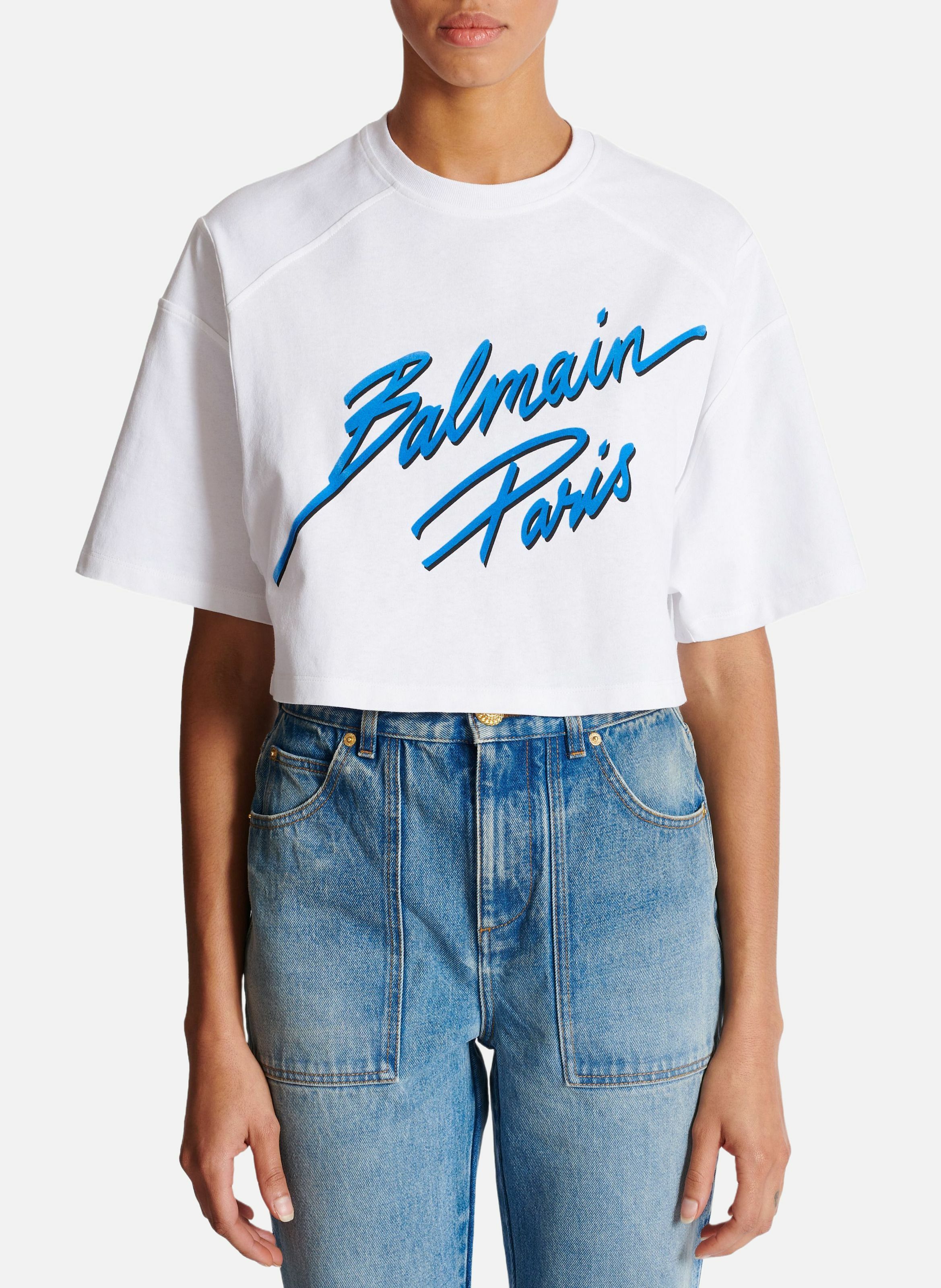 T-shirt court floqué balmain lettre Blanc
