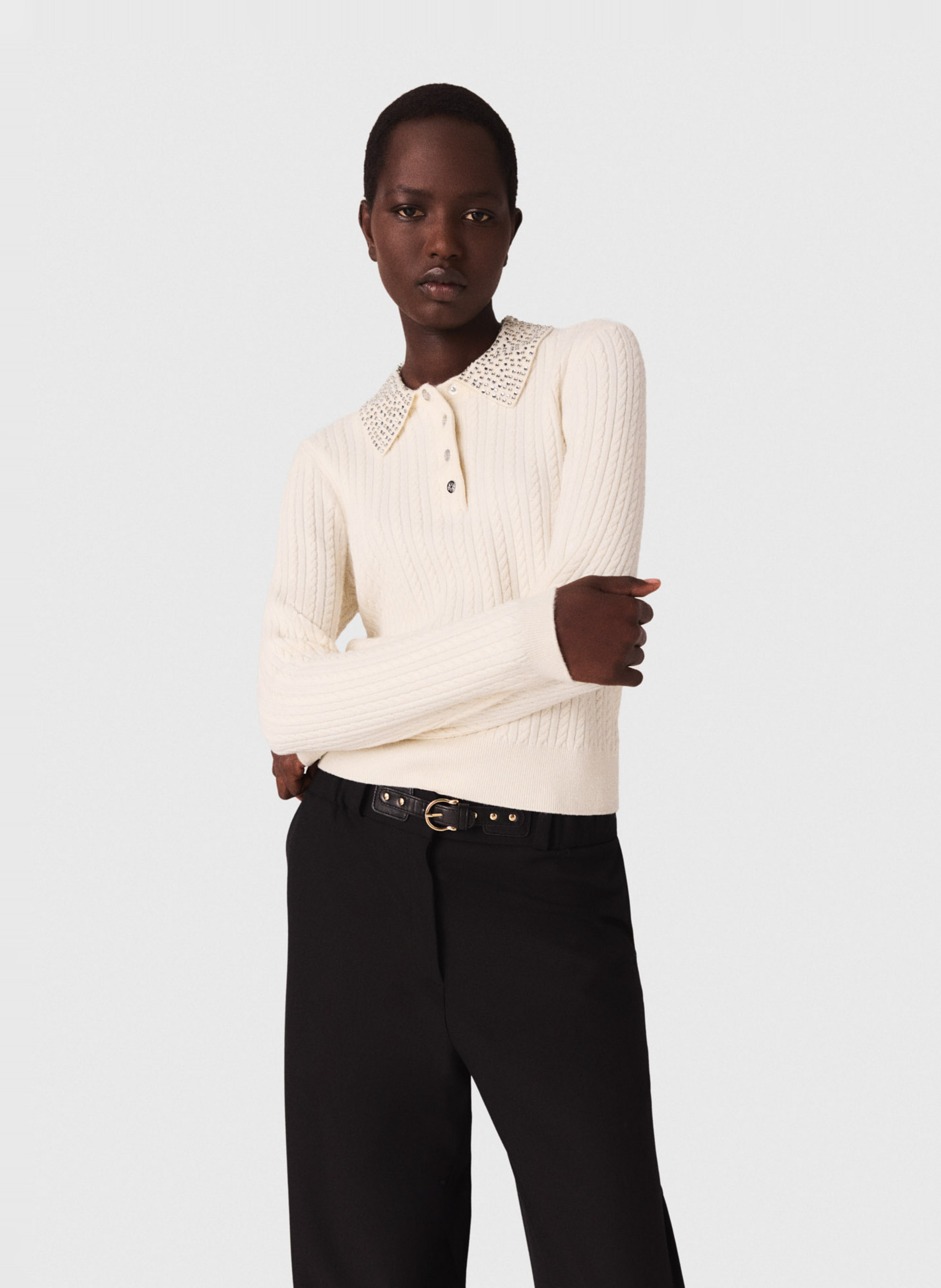 MAJE Pull col polo en laine mélangée Blanc