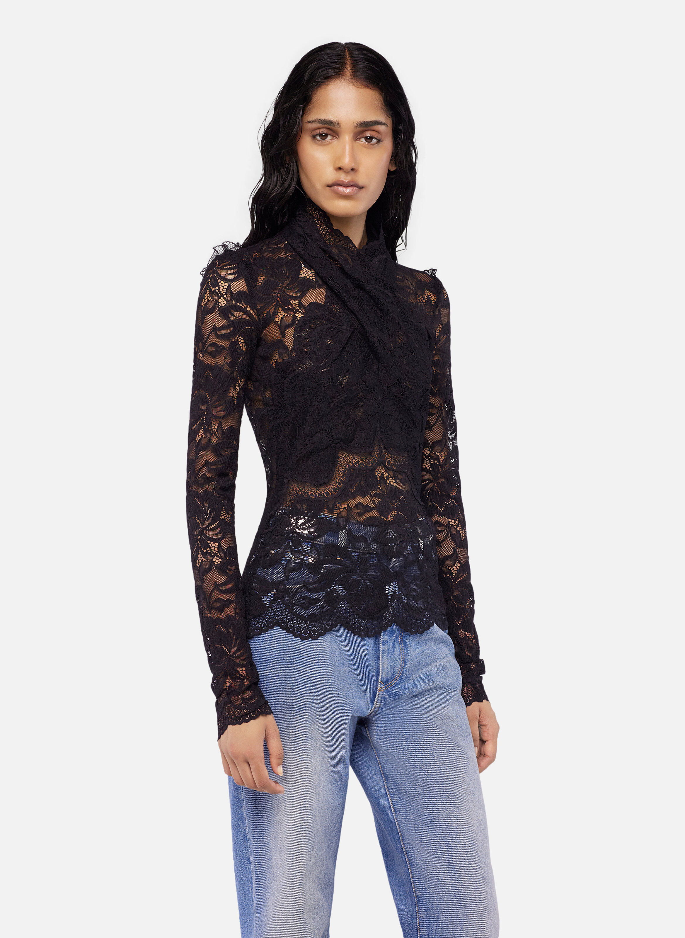 Top manches longues en dentelle col montant RABANNE Noir