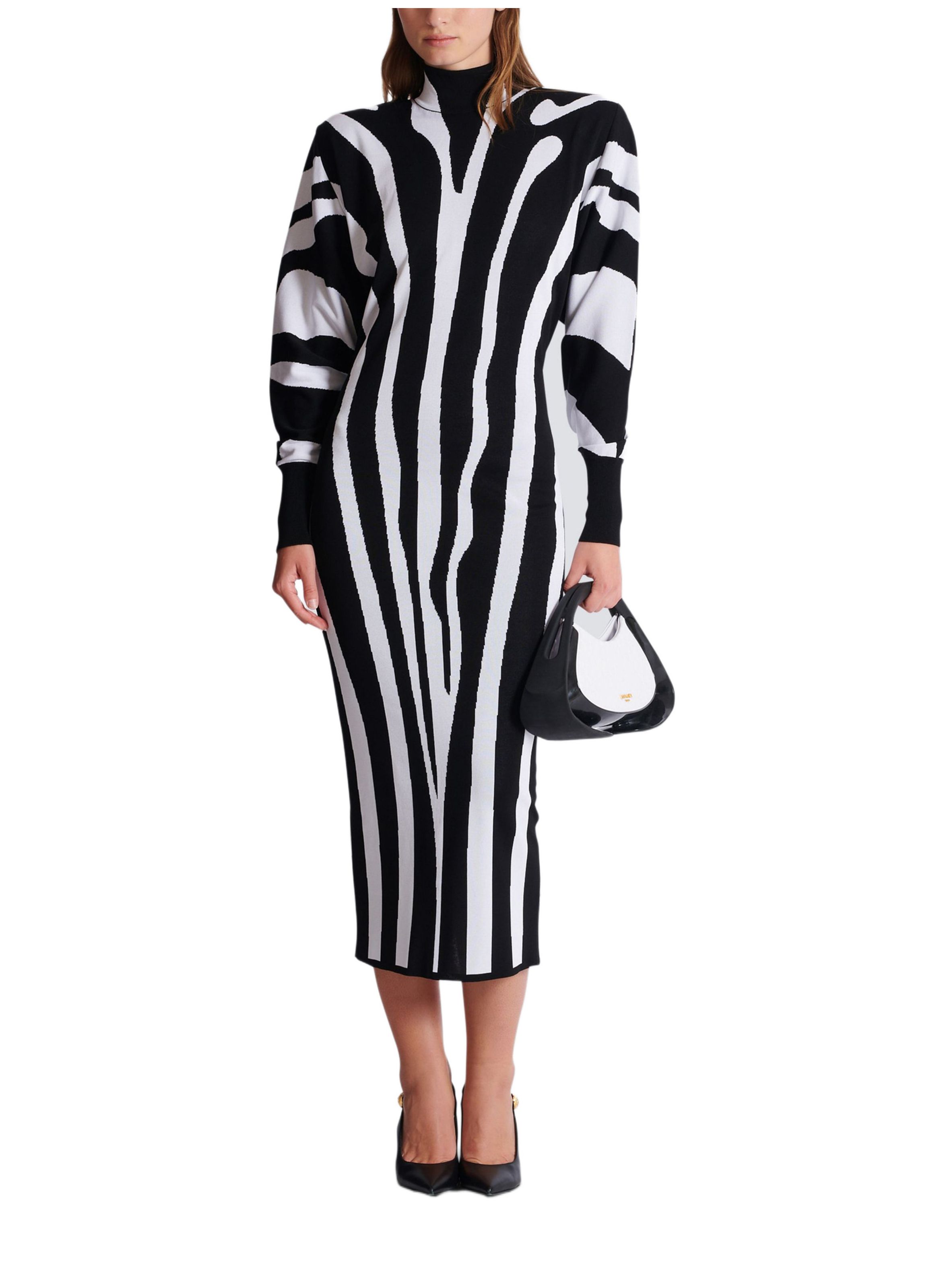 Robe longue en maille intarsia zébrée BALMAIN Noir