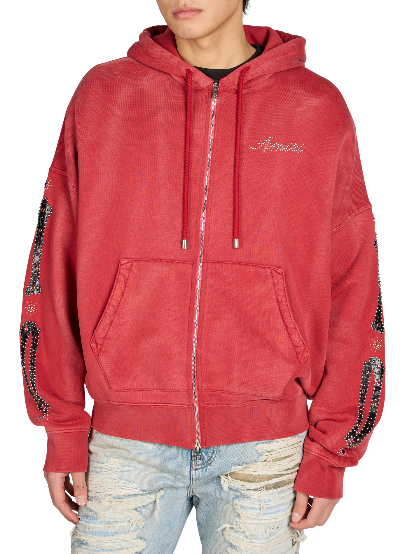 Oversized zip-up cotton hoodie with hood AMIRI Red