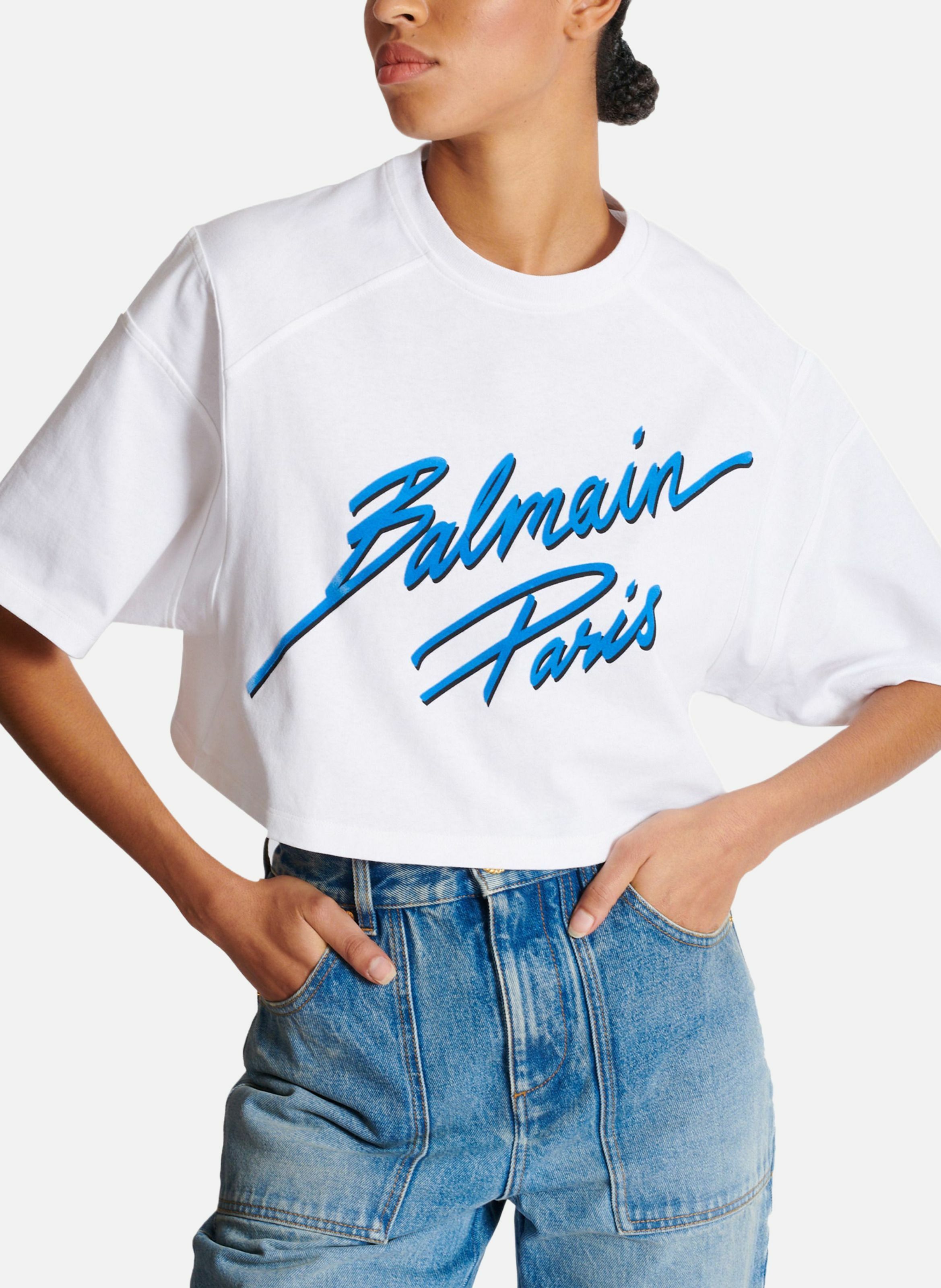 T-shirt court floqué balmain lettre Blanc