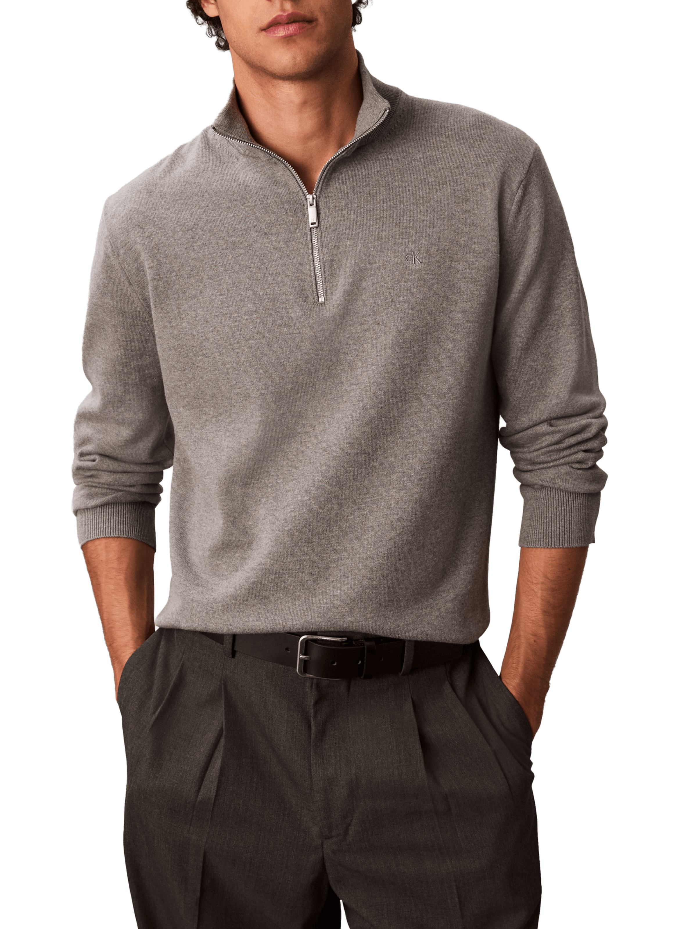 Pull col montant zippé en coton CALVIN KLEIN Gris