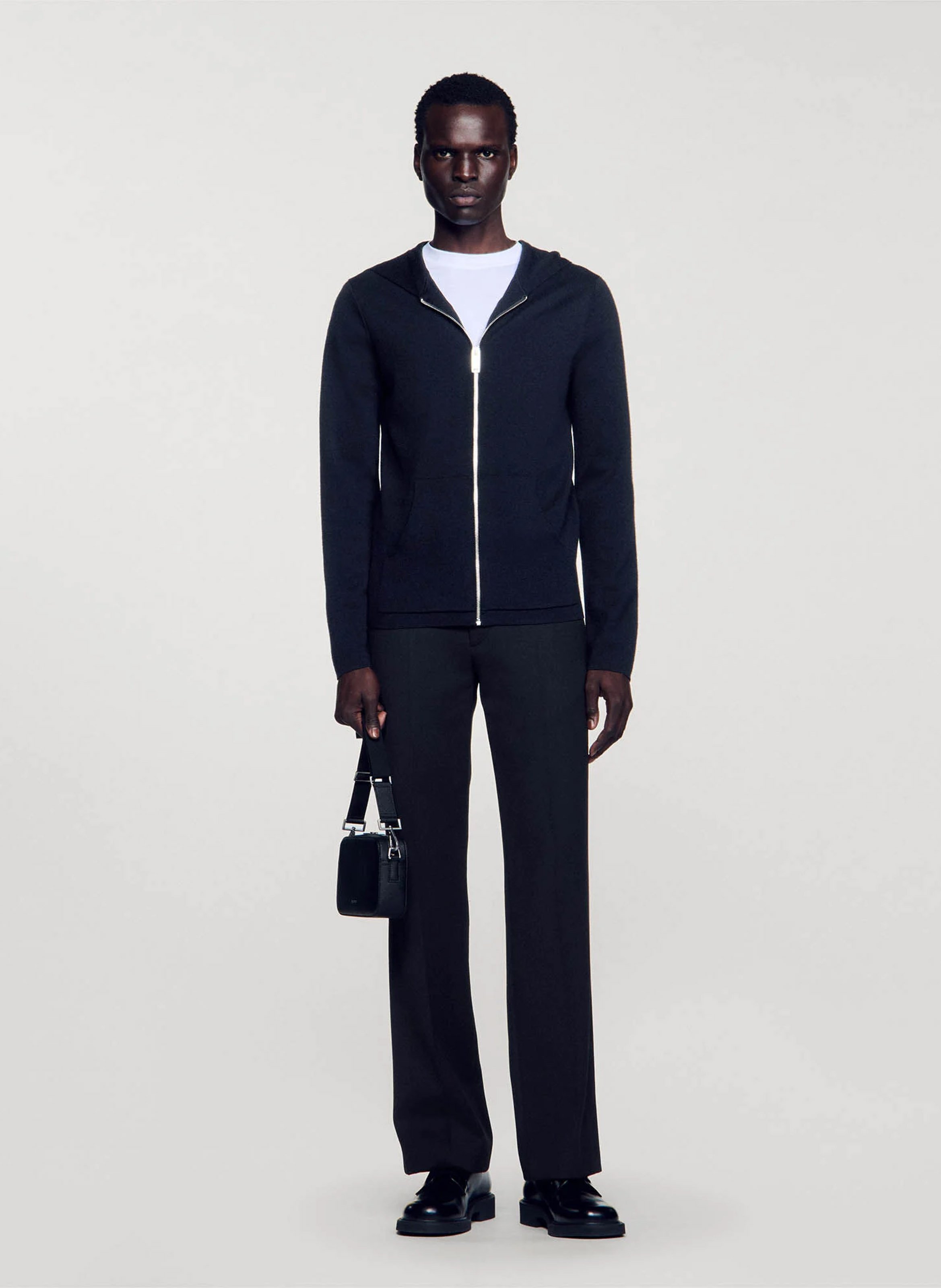 Gilet regular-fit  à capuche zippé en laine Noir