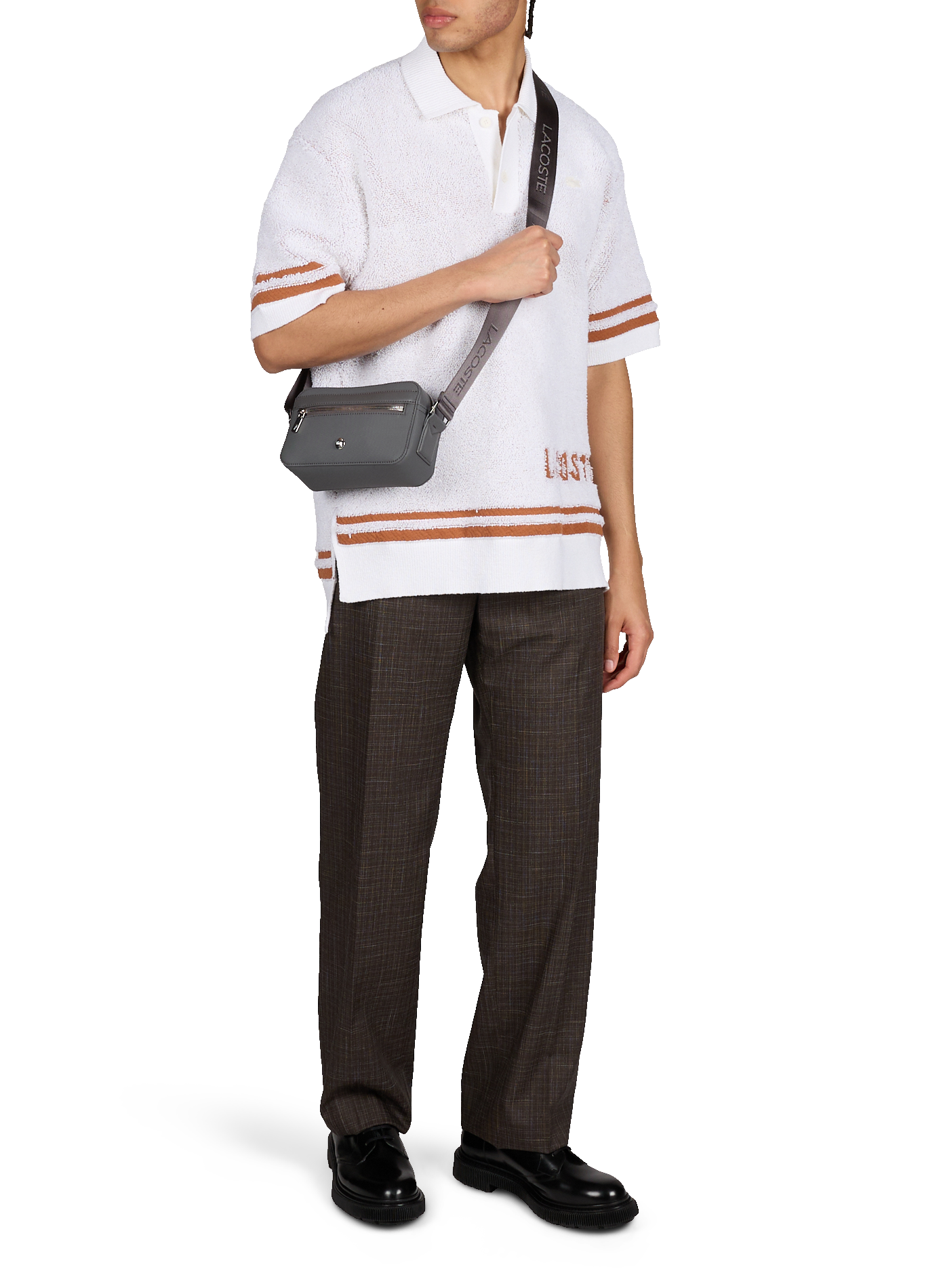 Pantalon à carreaux en coton et laine mélangés LACOSTE Marron