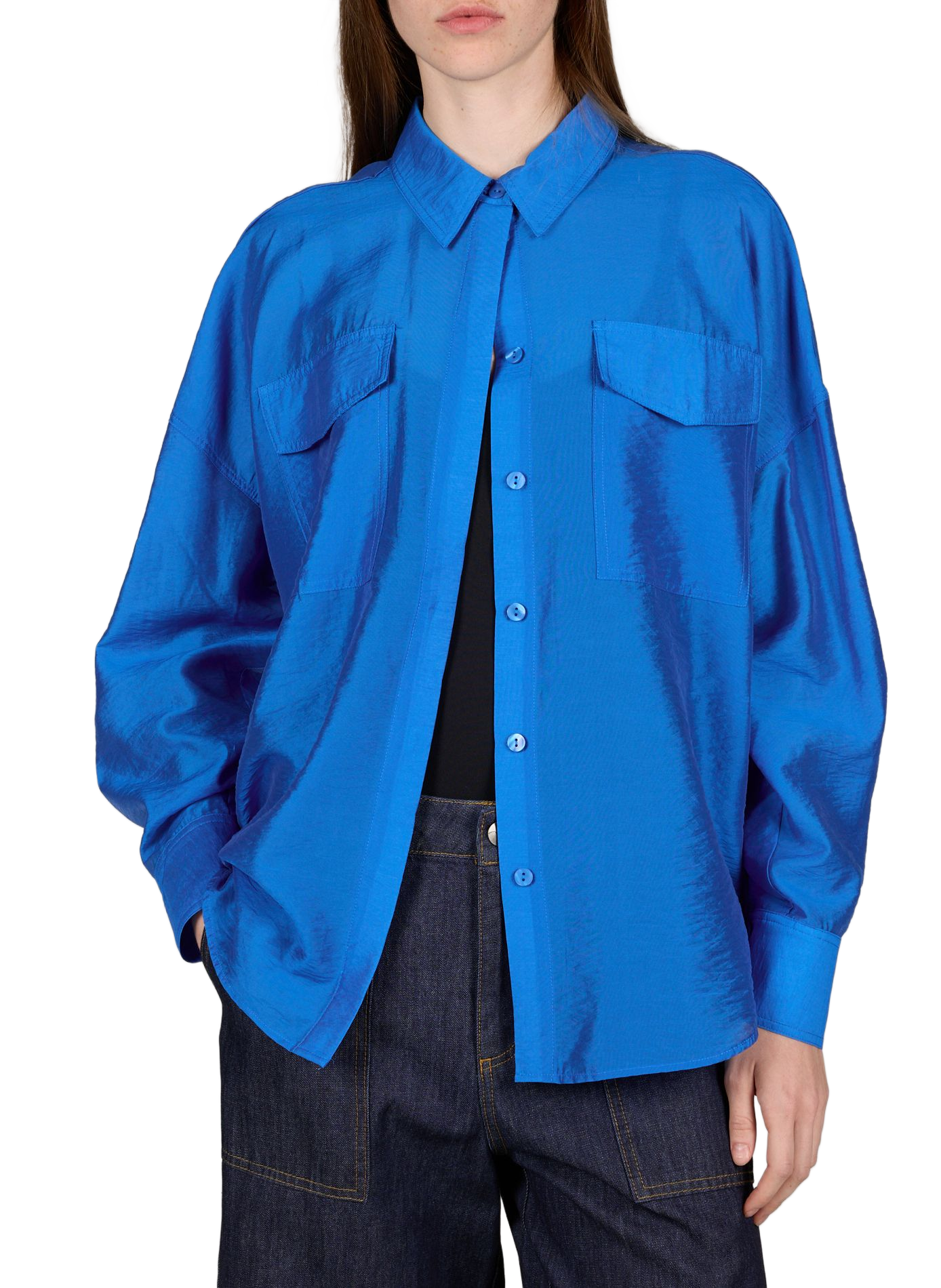 Oversized satin shirt with classic collar ROUGE EDIT Blue
