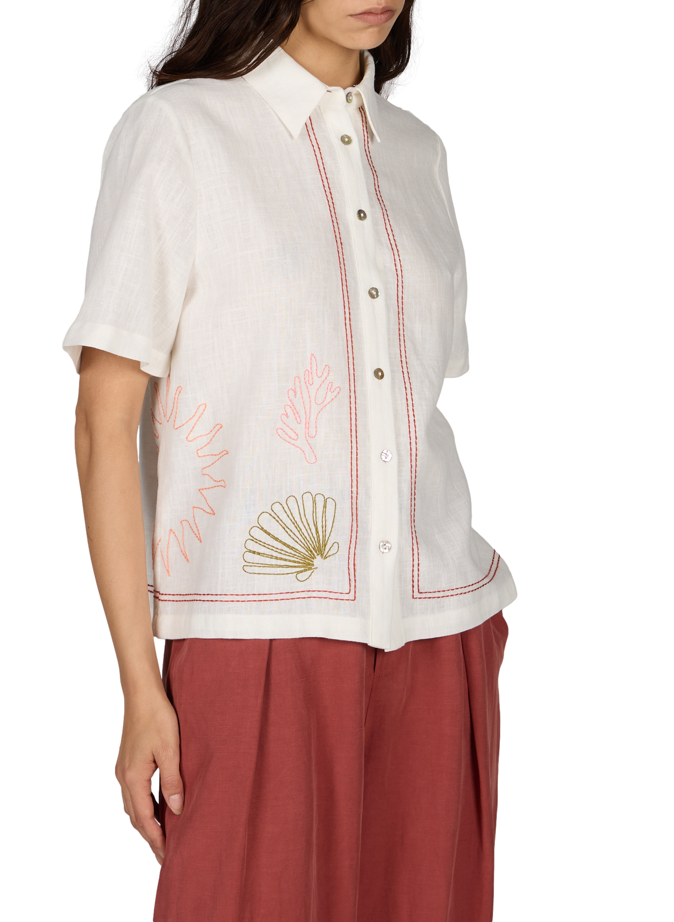 Short-sleeved embroidered shirt in blended ramie GARANCE White