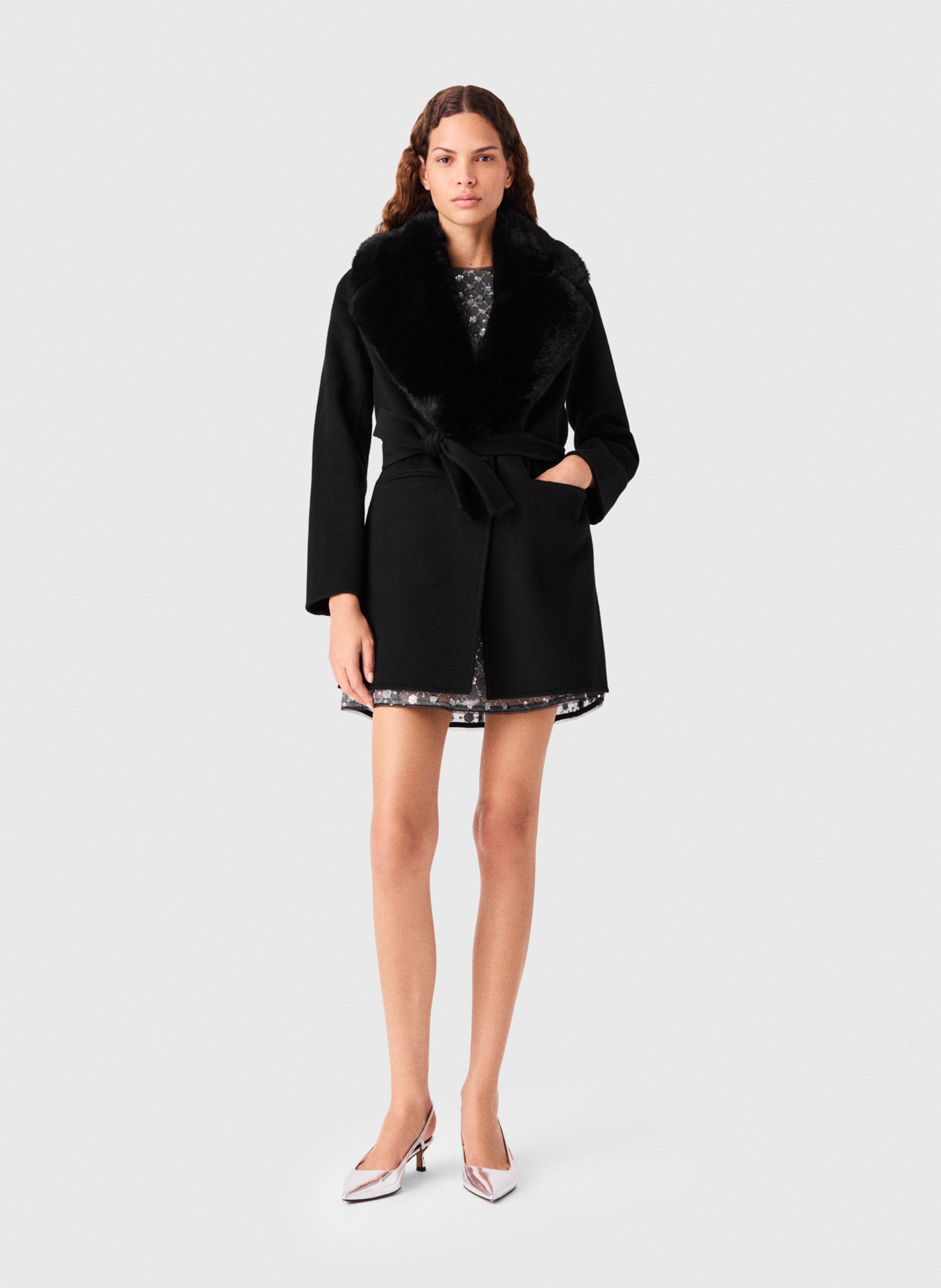 Manteau ceinturé en laine mélangée MAJE Noir