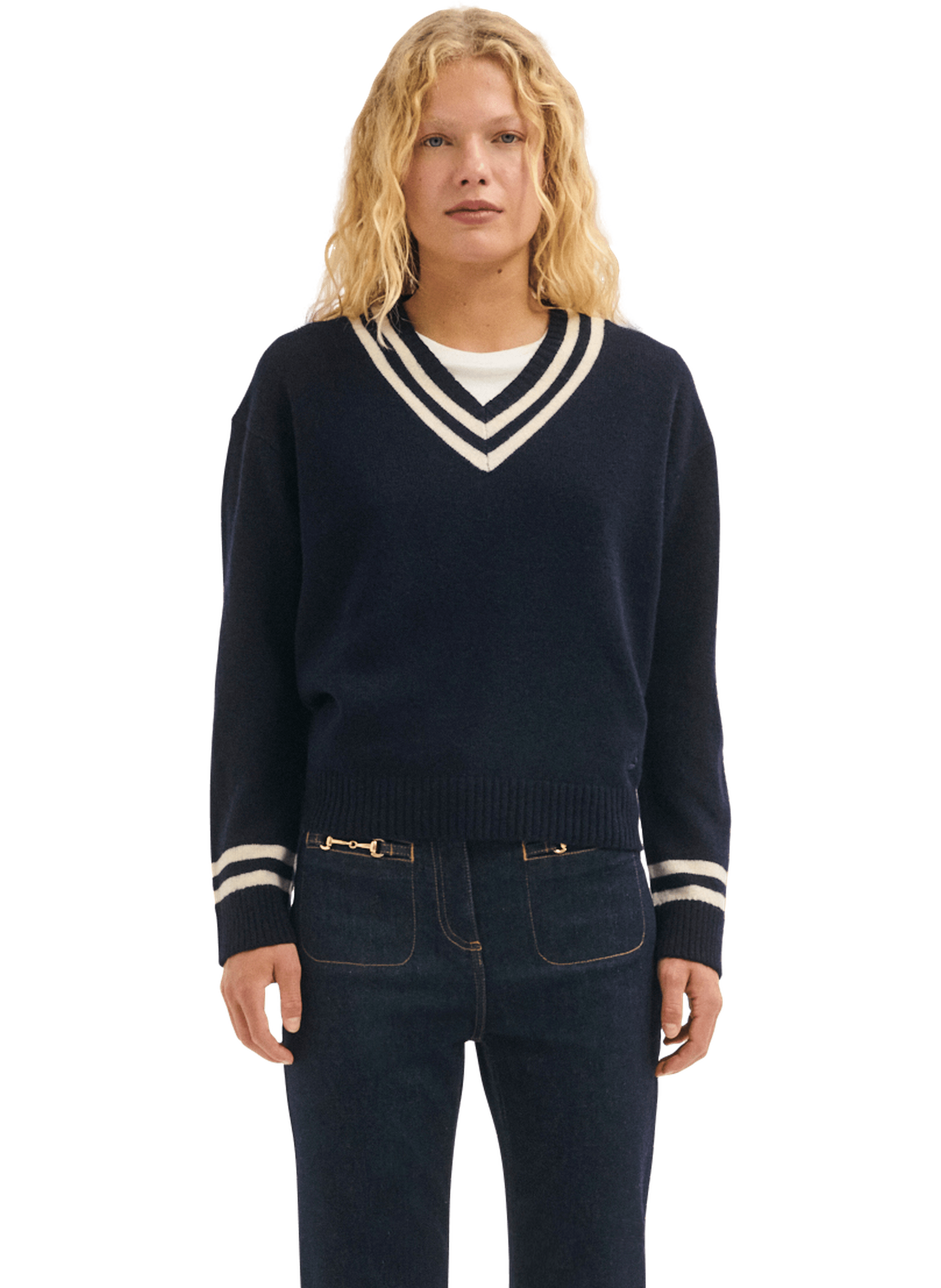 Pull col v en laine bicolore - rosabel PABLO Bleu