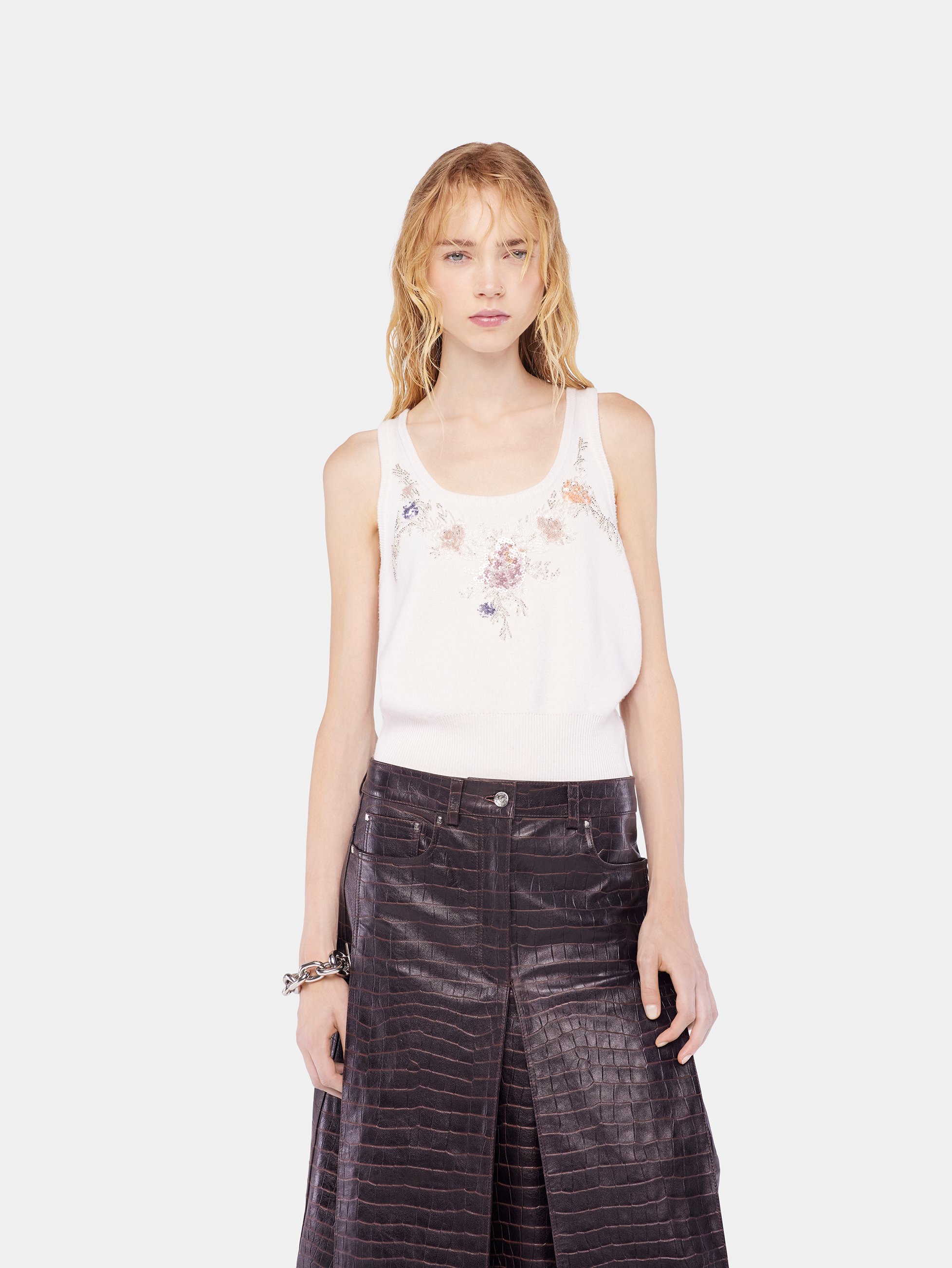 Top en maille brodée RABANNE Beige