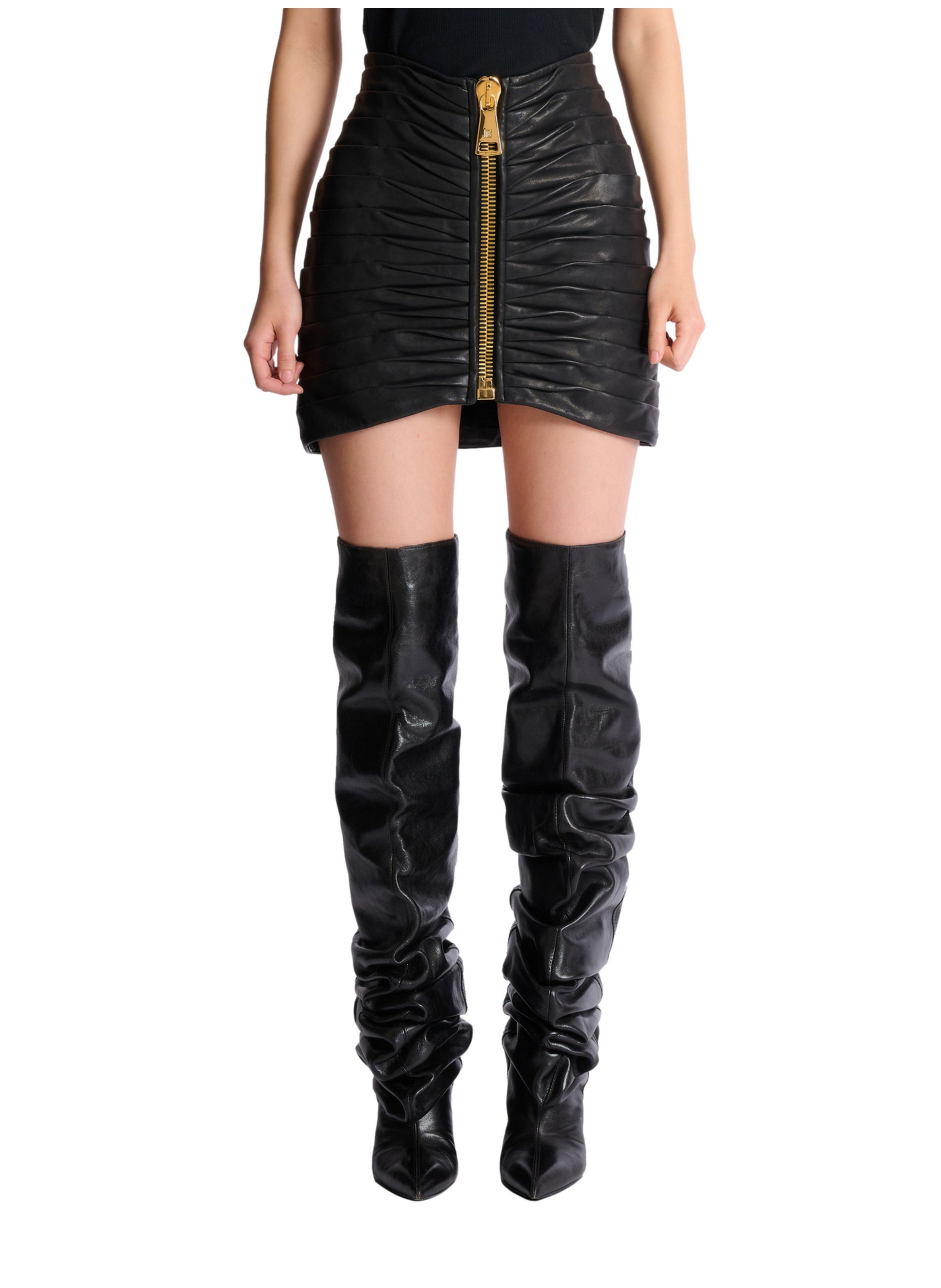 Jupe courte plissée en cuir d'agneau BALMAIN Noir