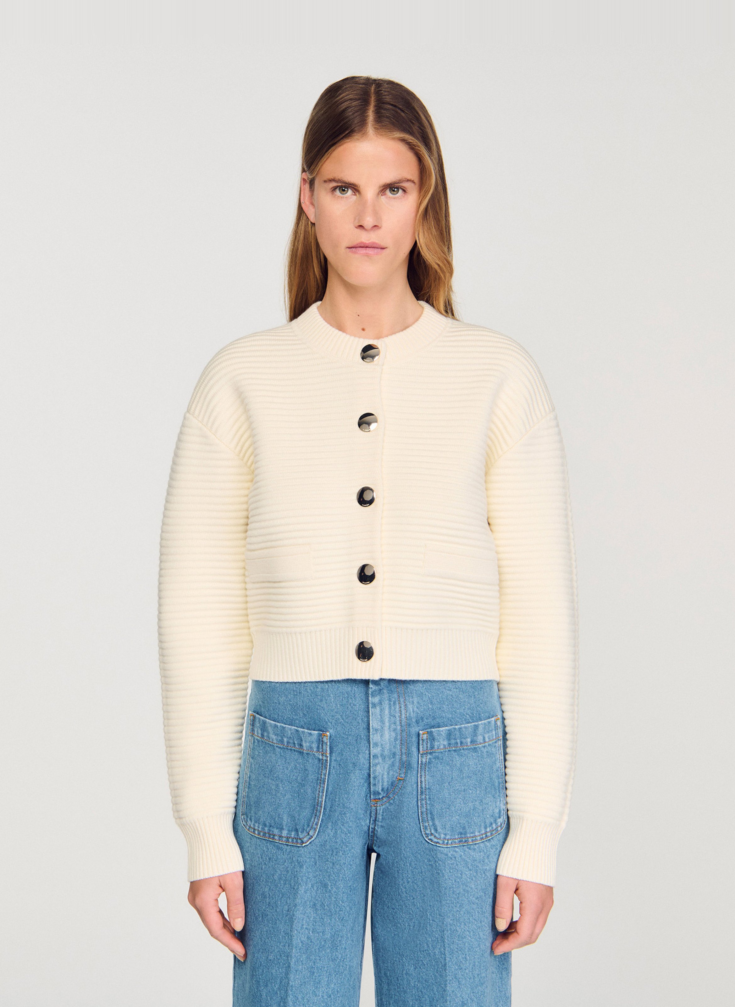 Cardigan boutonné court côtelé SANDRO Beige