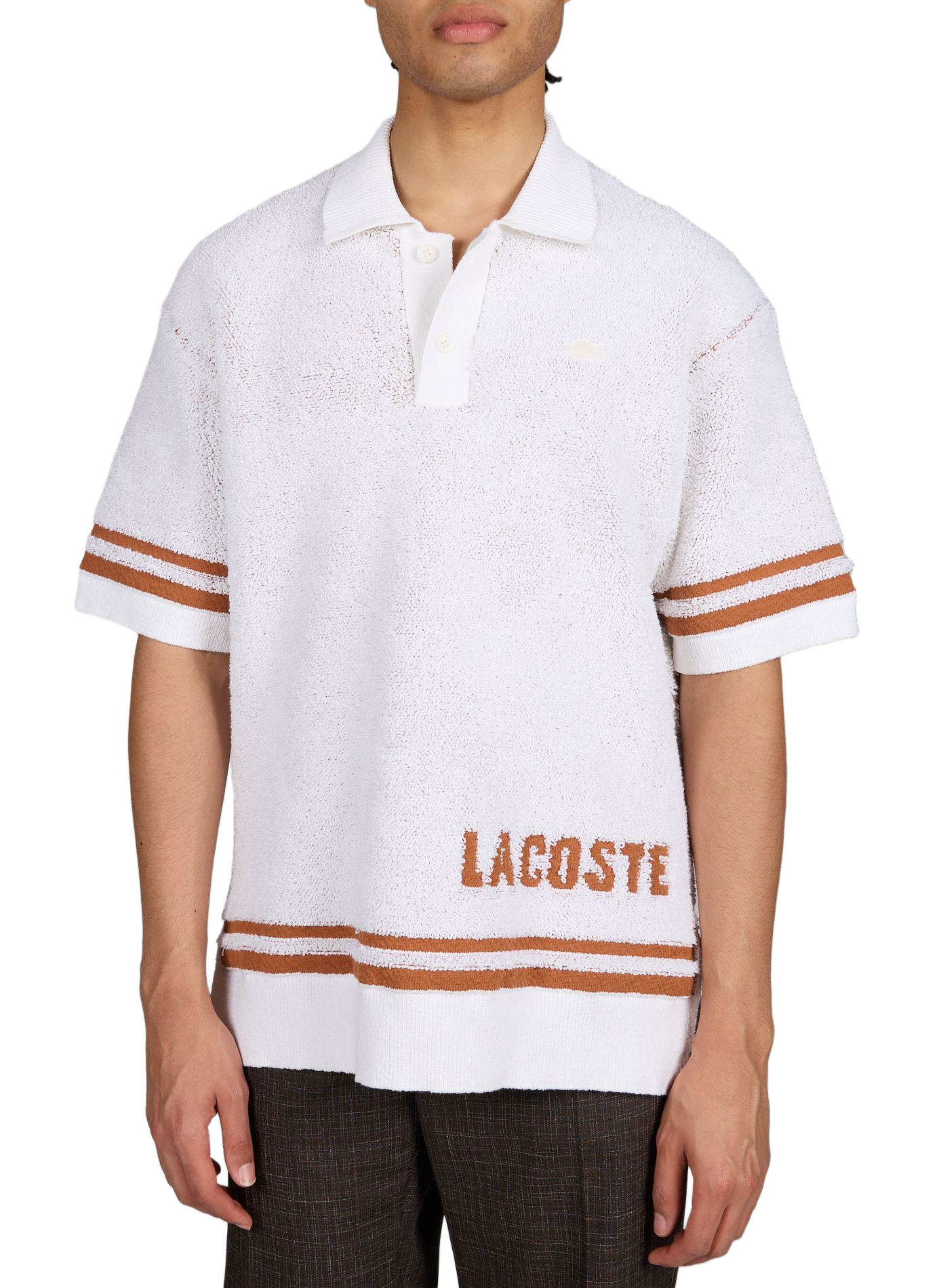 Pull maille bouclette éponge à col polo en coton mélangé LACOSTE Blanc