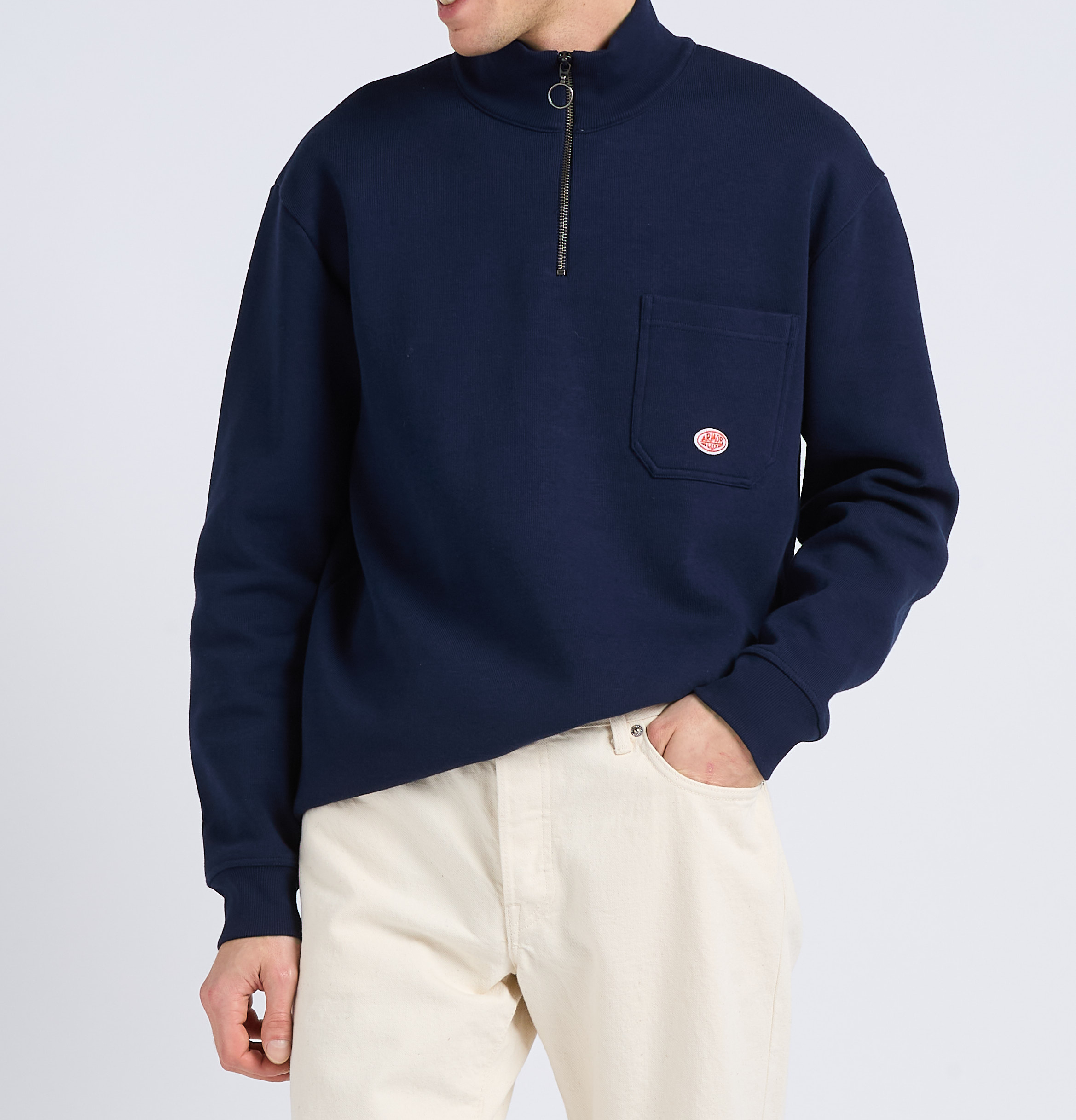 Oversized high neck zip-up sweater in organic heritage cotton. ARMOR-LUX Blue