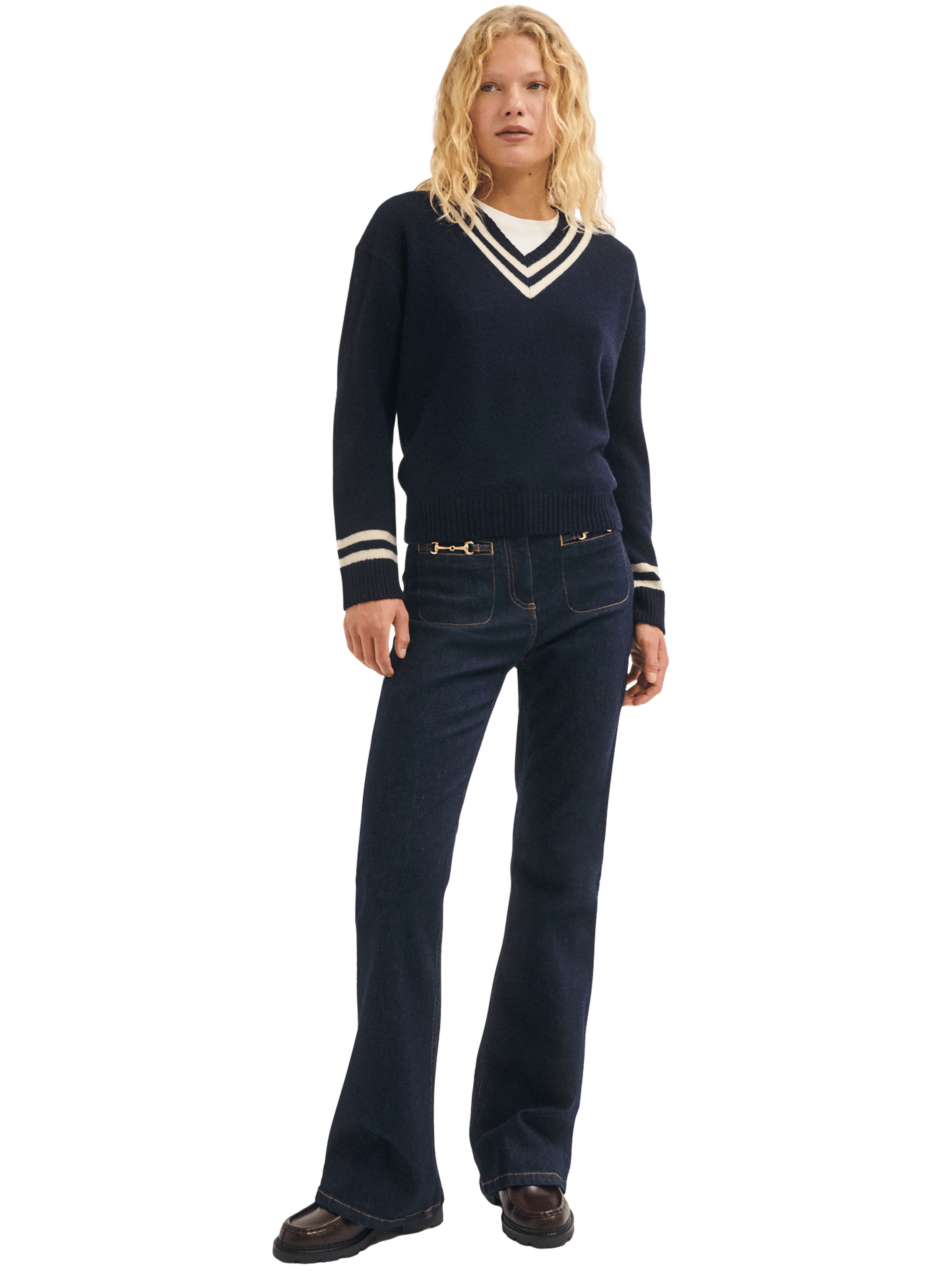 Pull col v en laine bicolore - rosabel PABLO Bleu