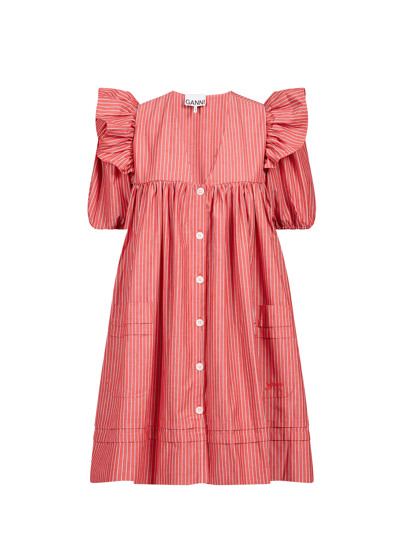 Robe midi rayée en coton GANNI Rouge