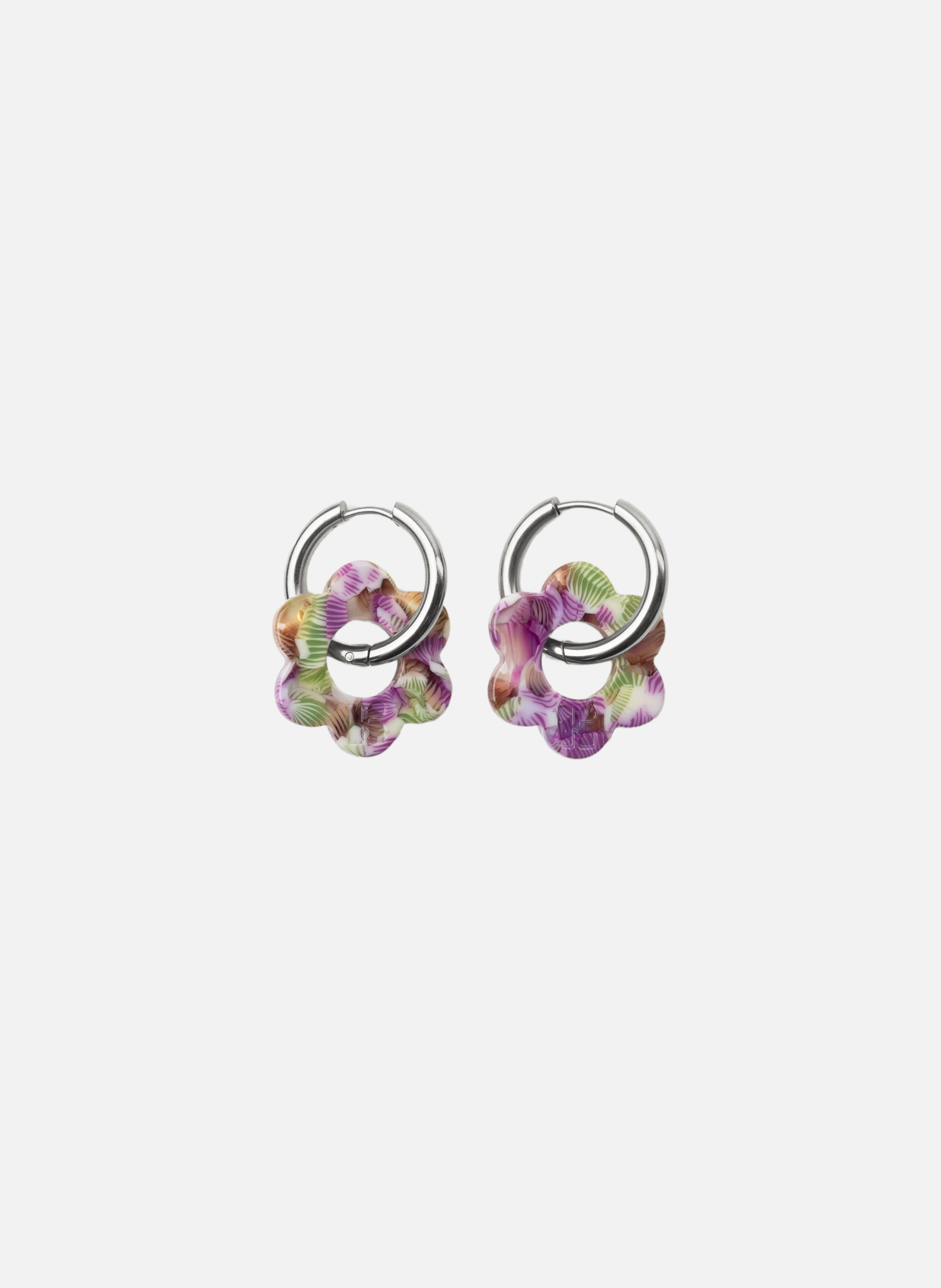 Boucles d'oreilles Baby Fleurette avec anneaux en acier inoxydable argenté  Magenta et vert