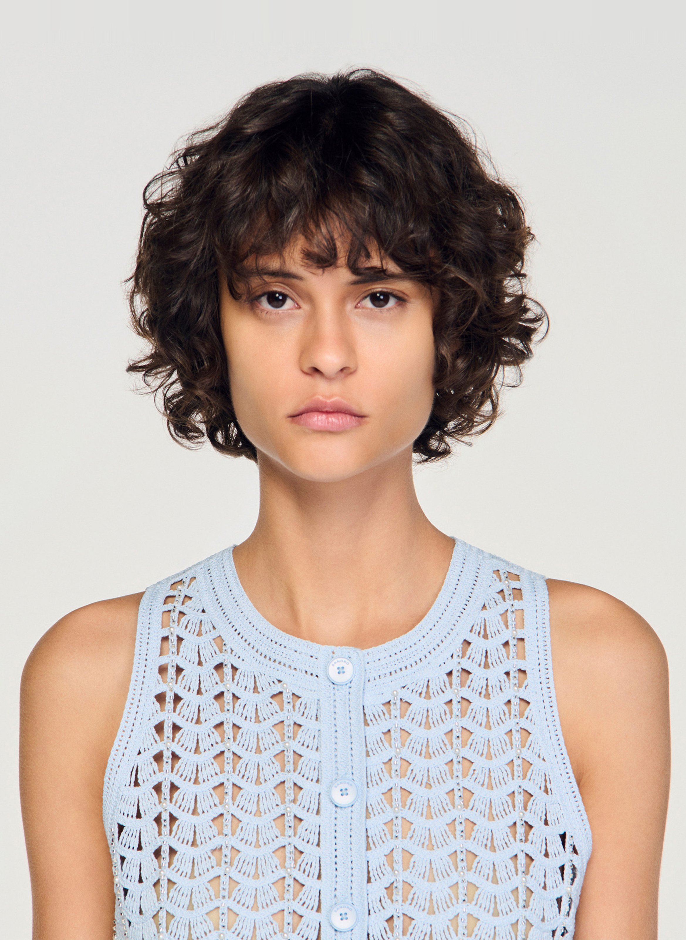 Gilet droit en maille ajourée SANDRO Bleu