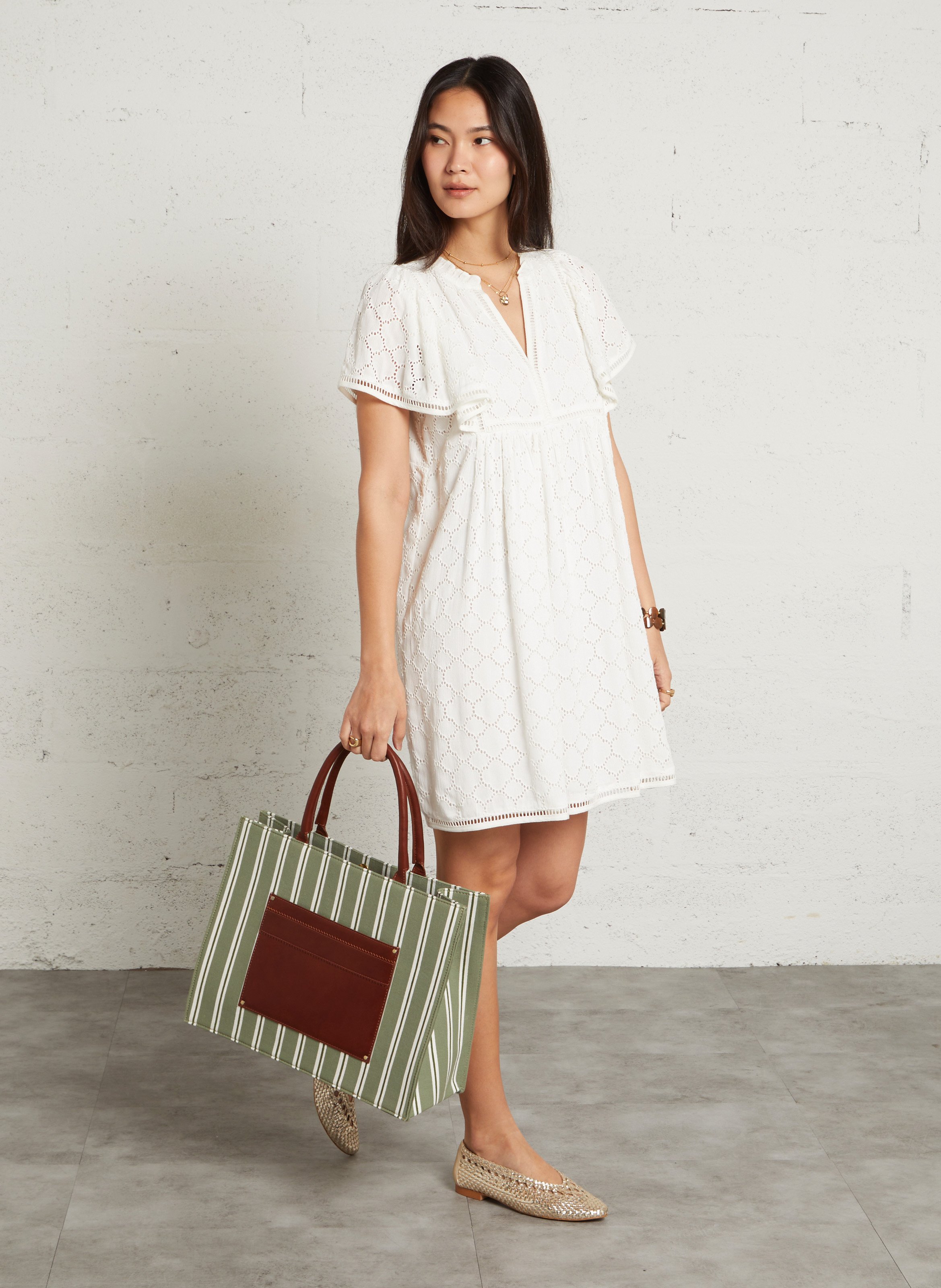 Robe col tunisien brodée beige MAISON 123 Blanc