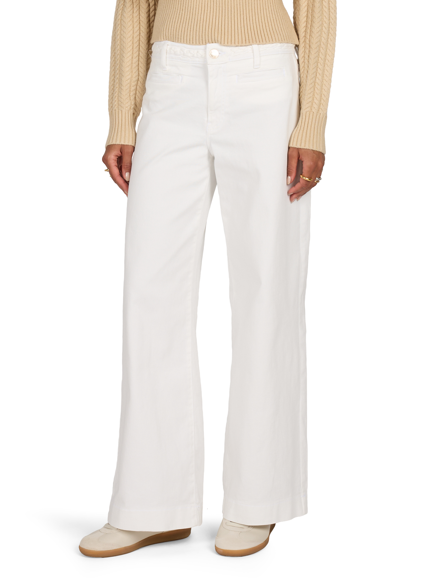 High-waisted palazzo pants with braided waist in blended cotton. GUESS White