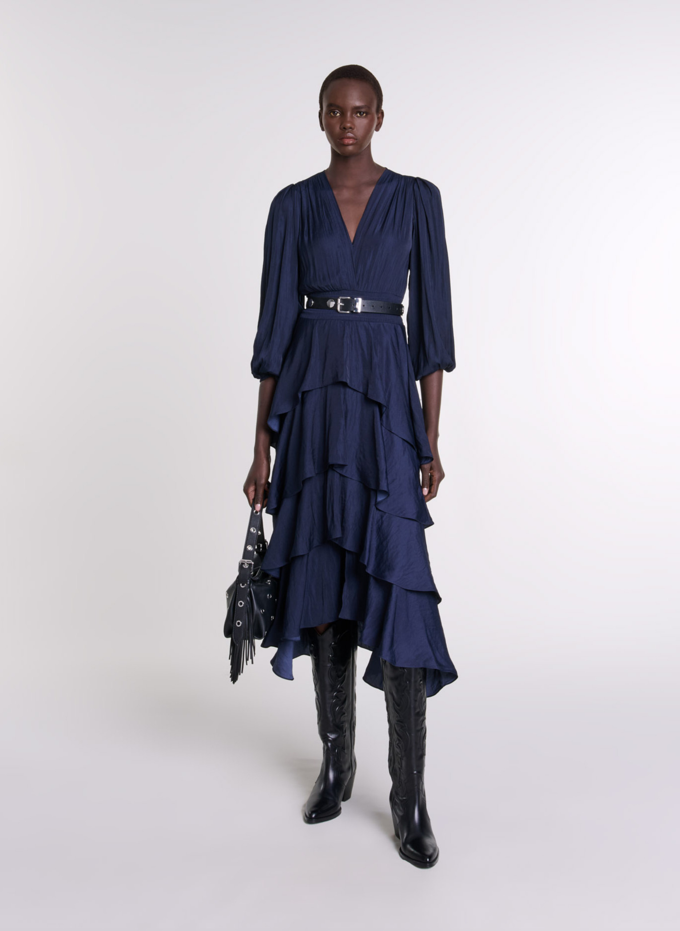 Robe longue col v à volants MAJE Bleu