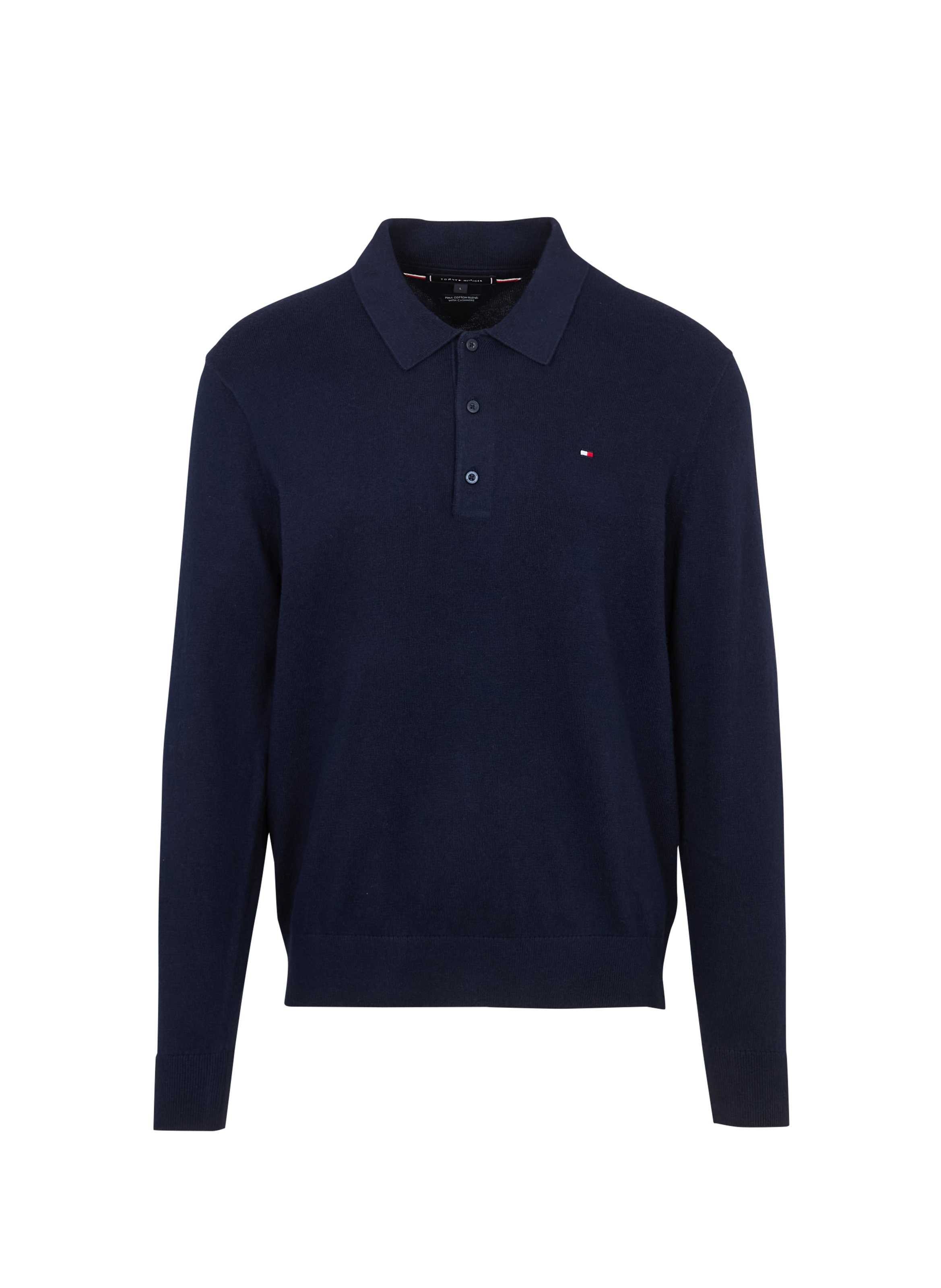 TOMMY HILFIGER Polo uni à manches longues en coton et chachemire Bleu