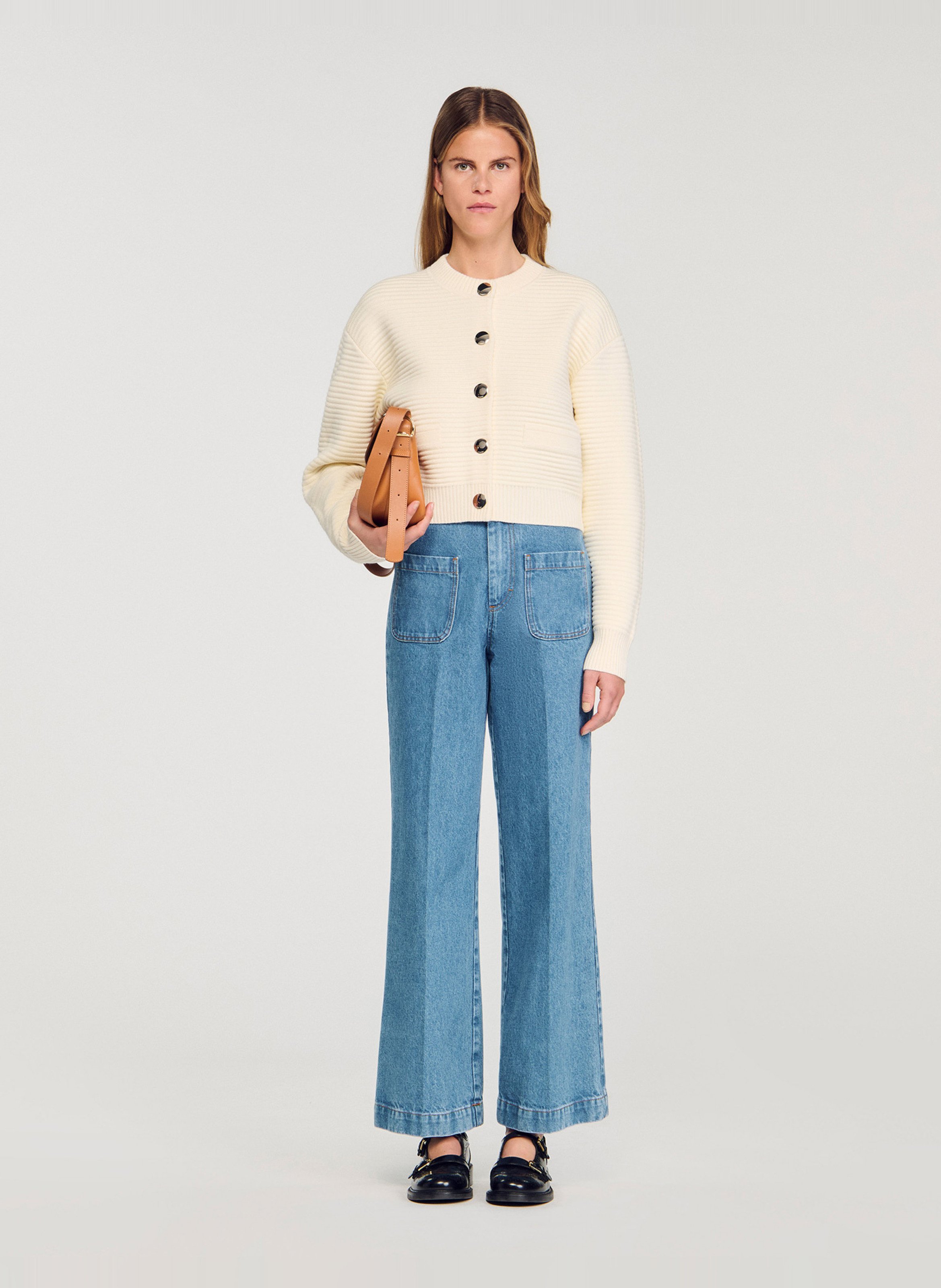 Cardigan boutonné court côtelé SANDRO Beige