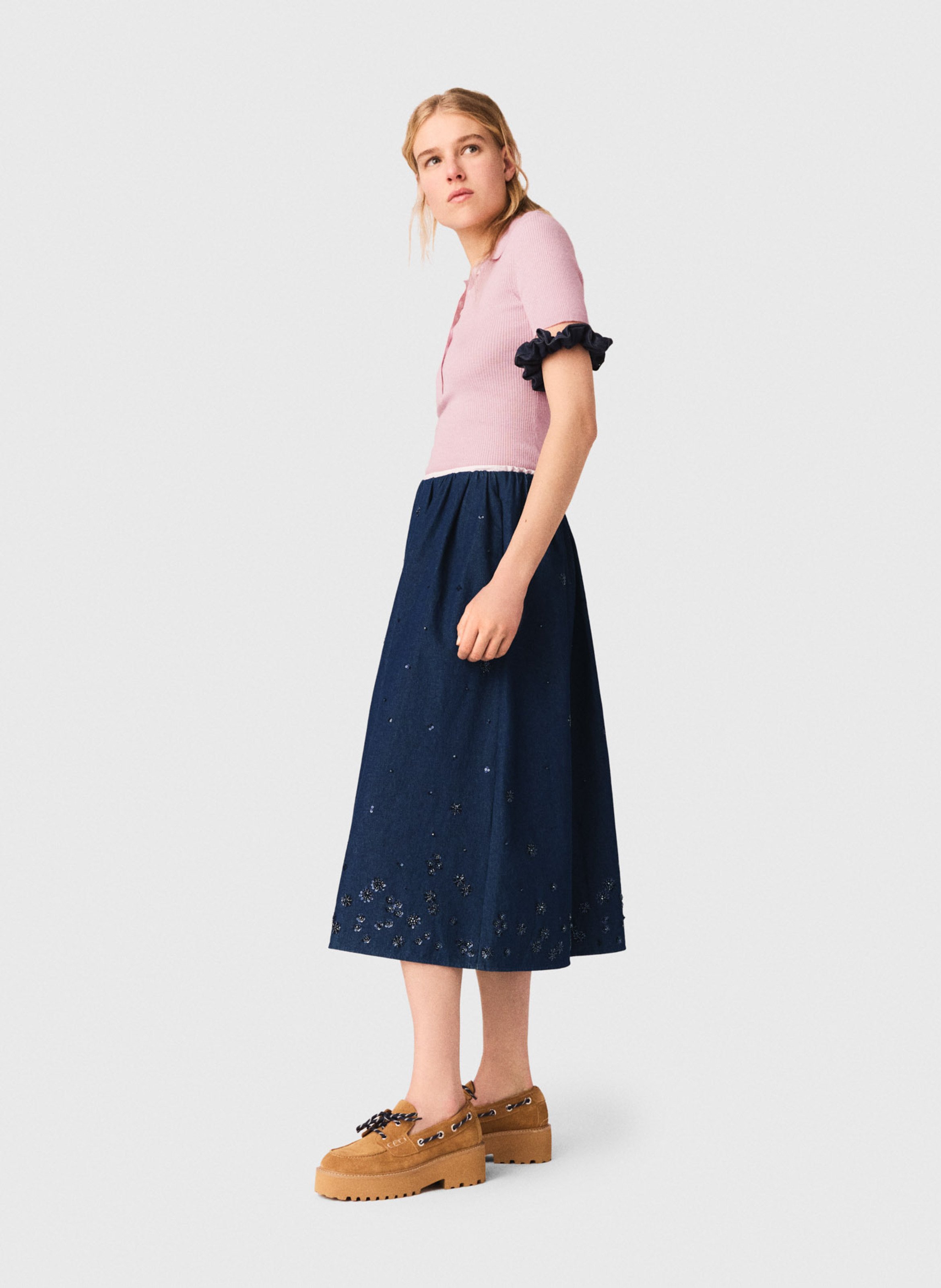 Jupe midi ample en coton MAJE Bleu