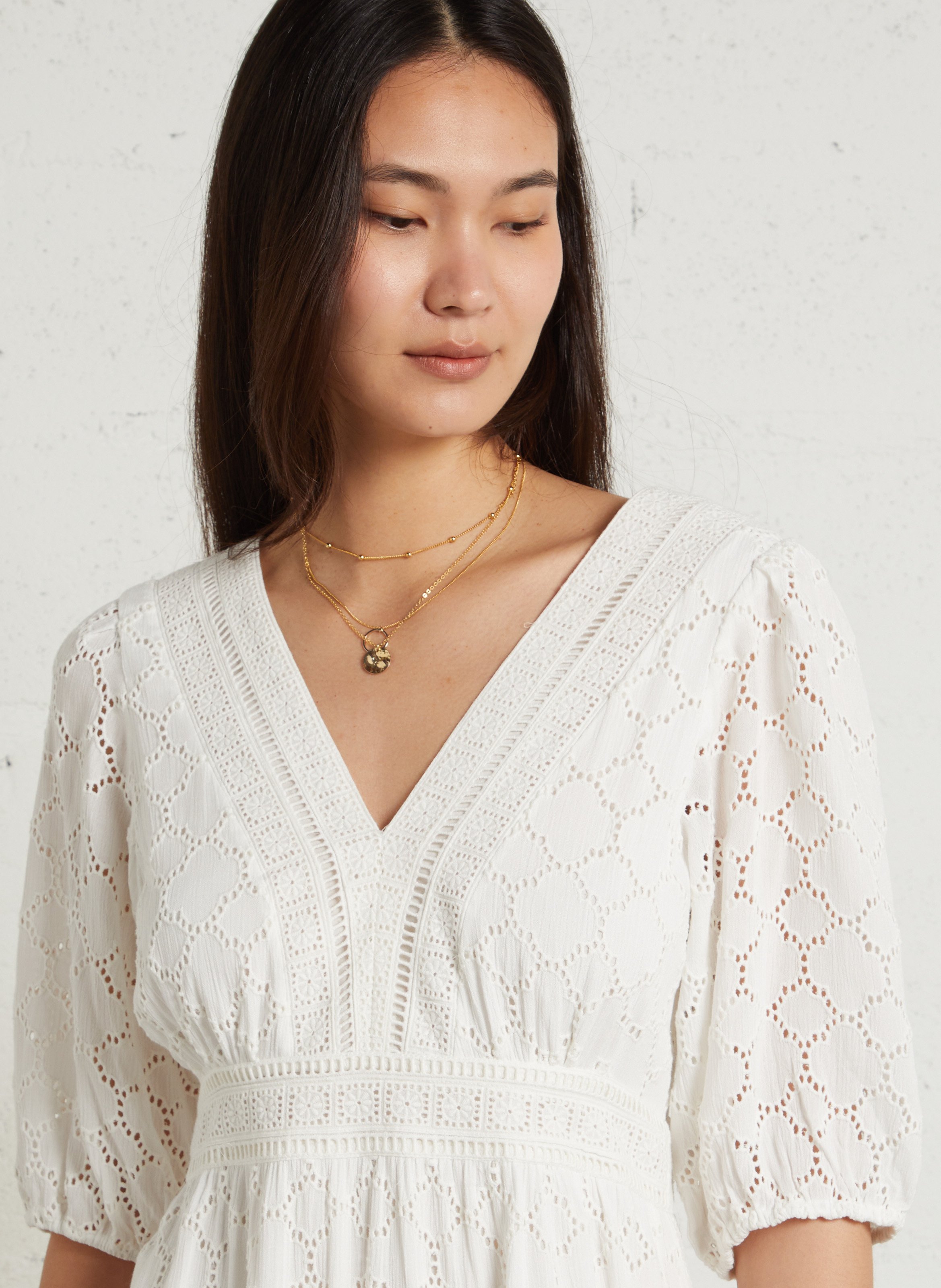 Robe longue col v bijou Blanc