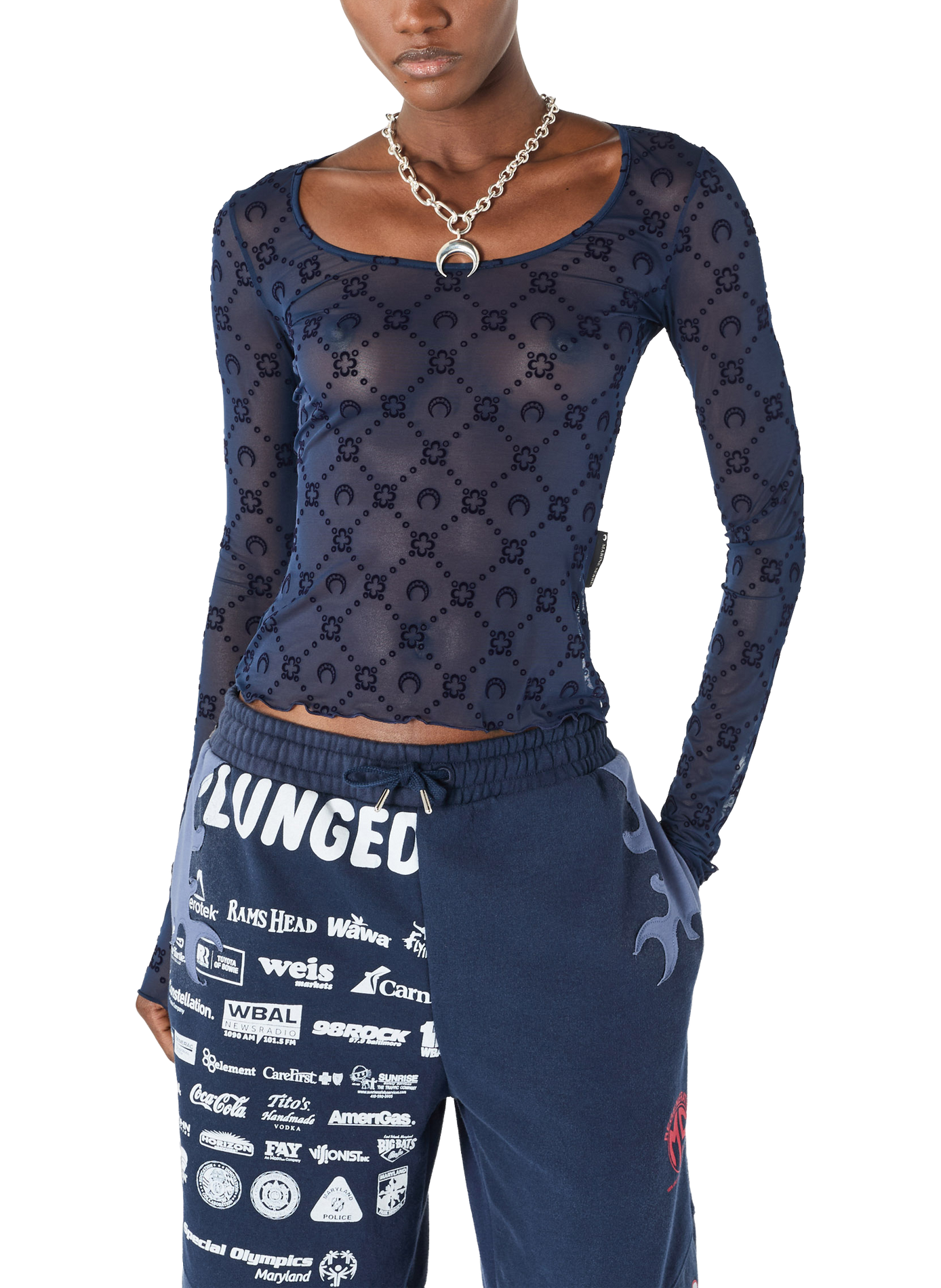 Top manches longues col rond en mesh floqué moonogram MARINE SERRE Bleu