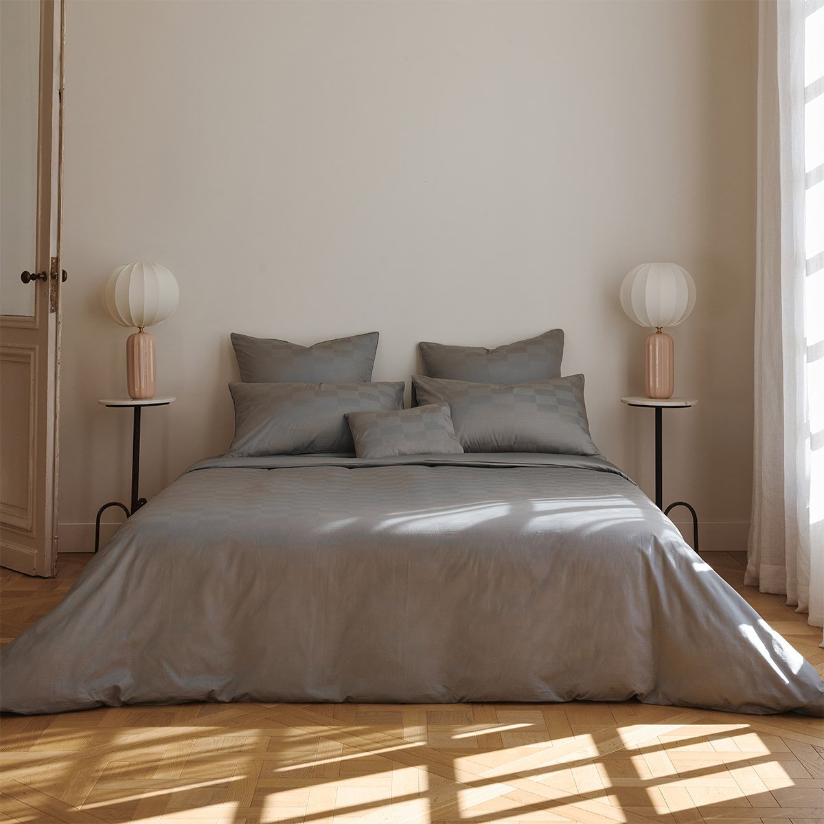 Housse de couette en satin de coton, damier DESFORGES Gris