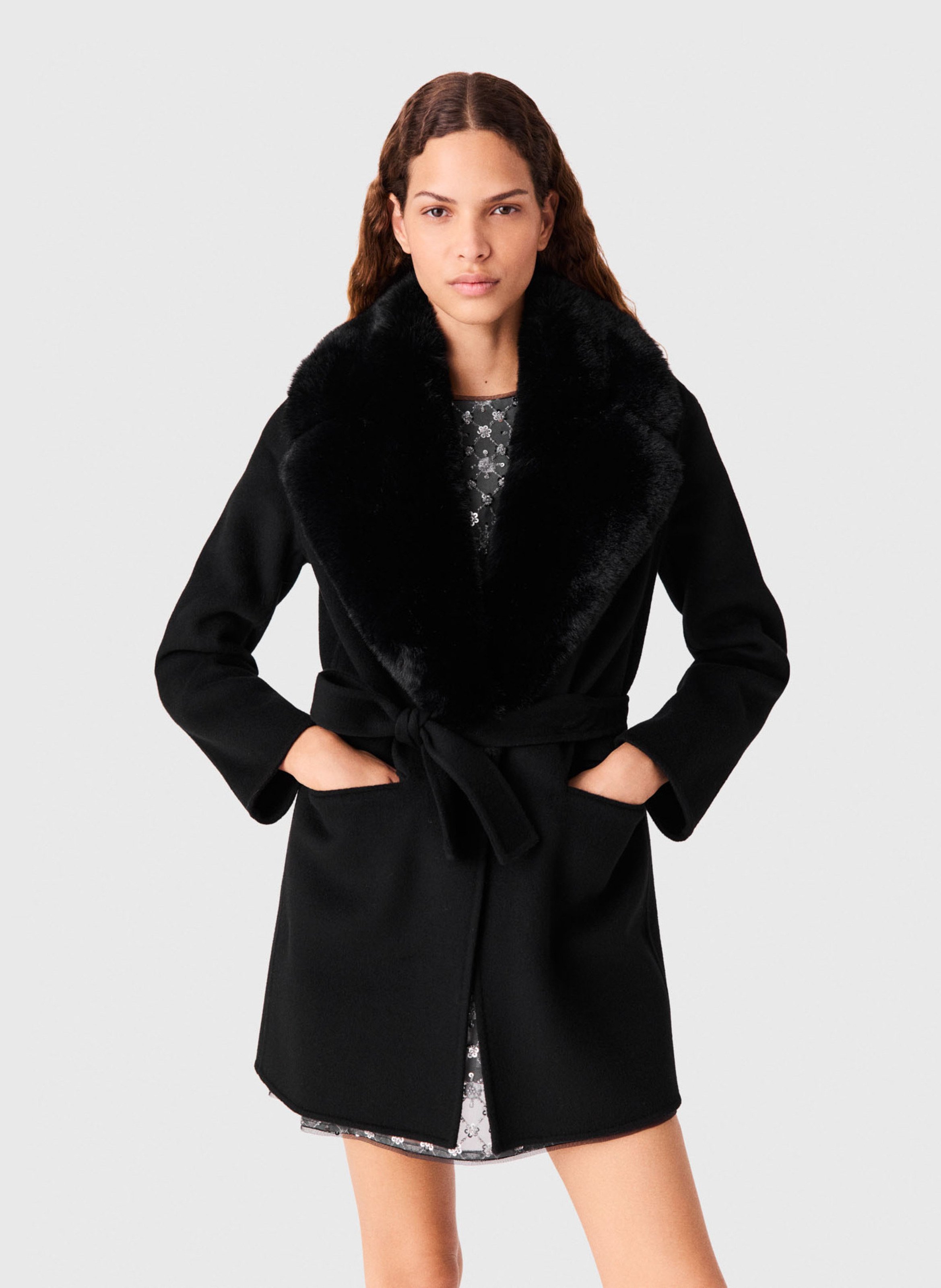 Manteau ceinturé en laine mélangée MAJE Noir